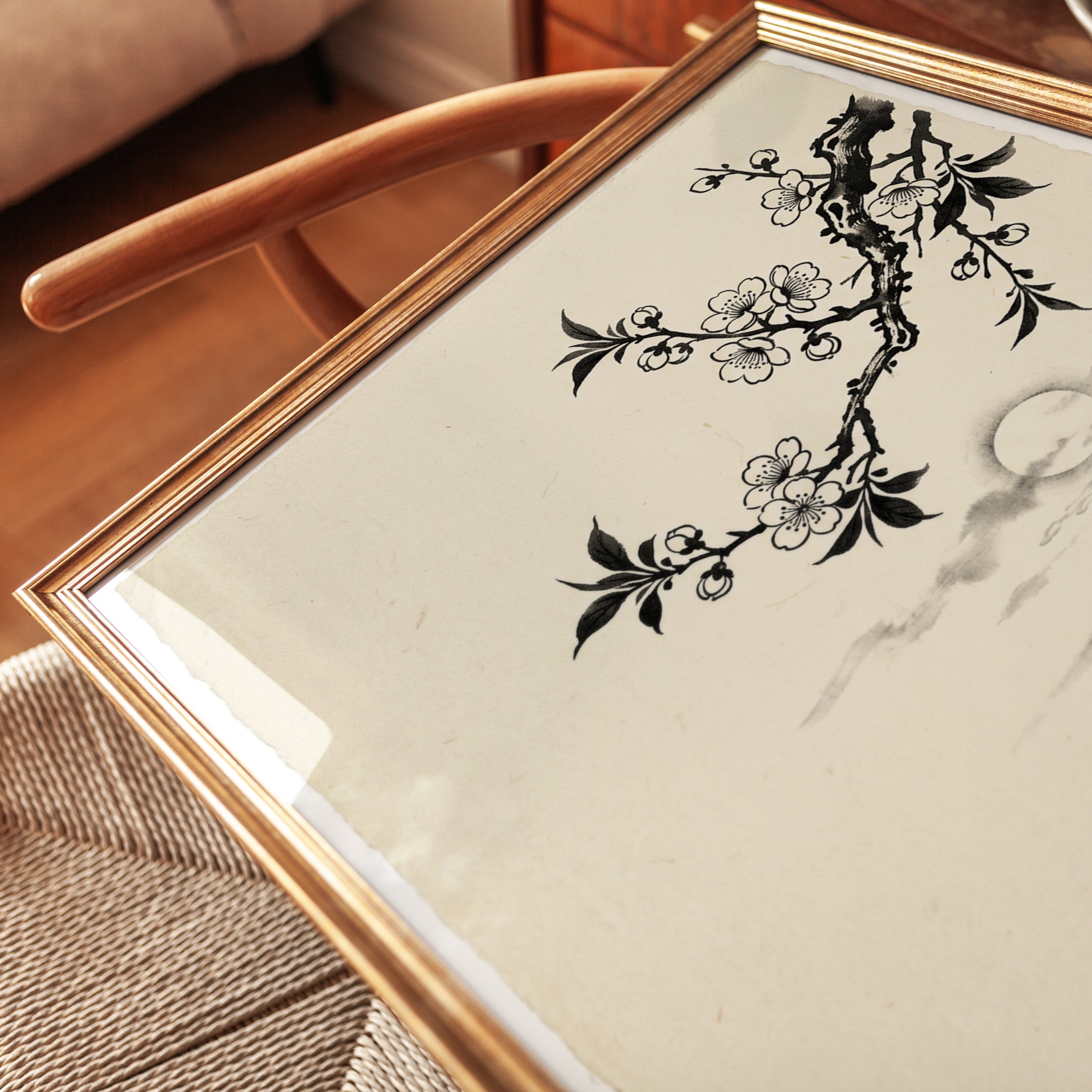 Cherry Blossom Branch Art Print: Traditional Japanese Ink Painting - detail