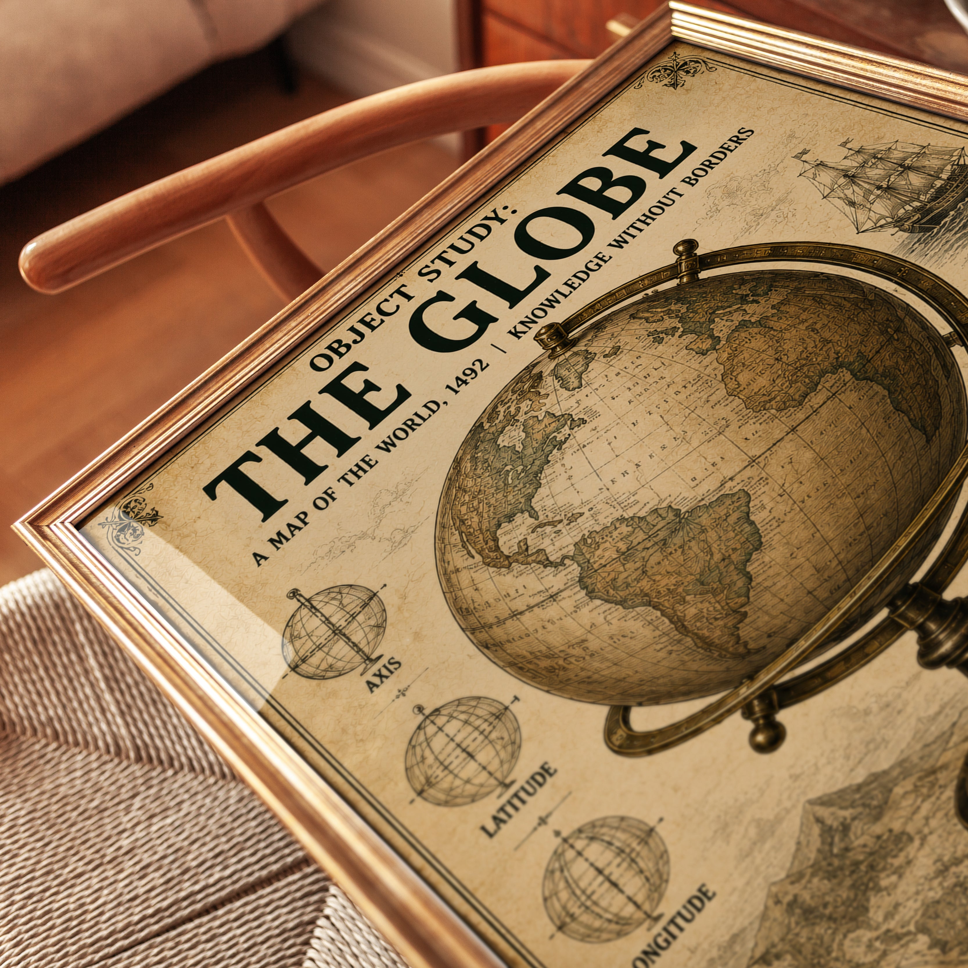 Vintage Globe and Maps Art Print: 1492 Exploration Theme - detail