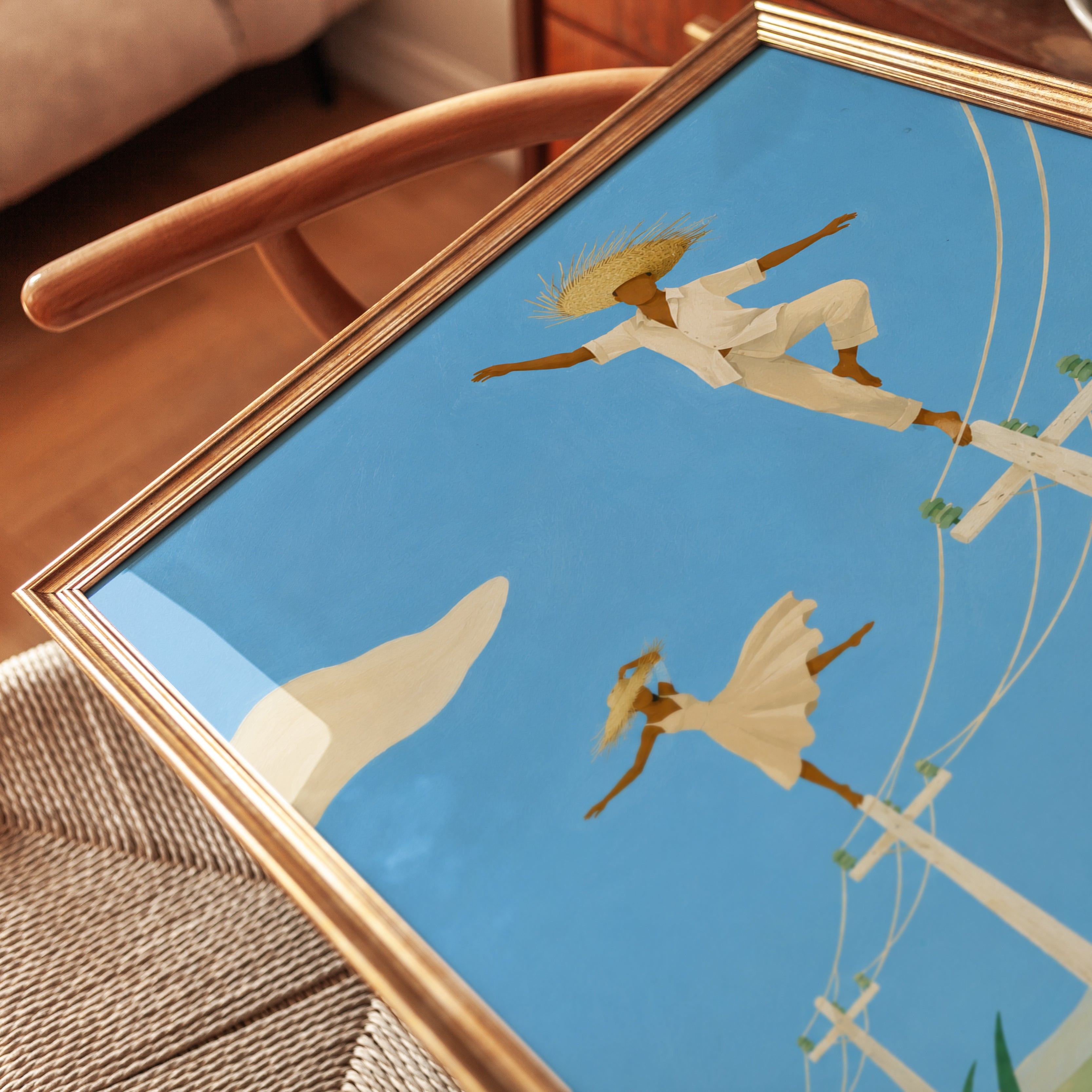 Tropical Balancing Figures Art Print: Minimalist Blue Sky Scene - detail
