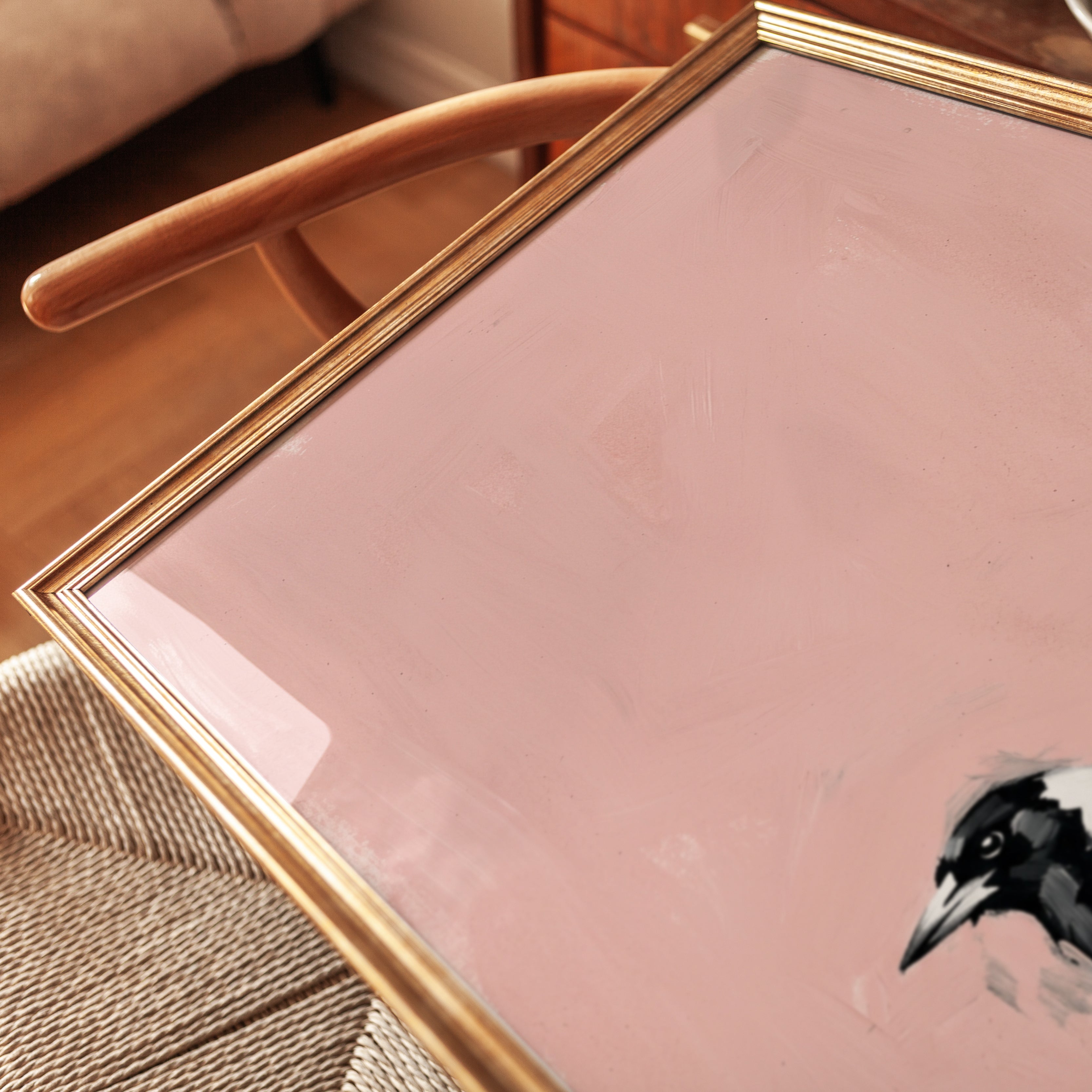 Magpie Bird Art Print: Black and White on Pink Background - detail