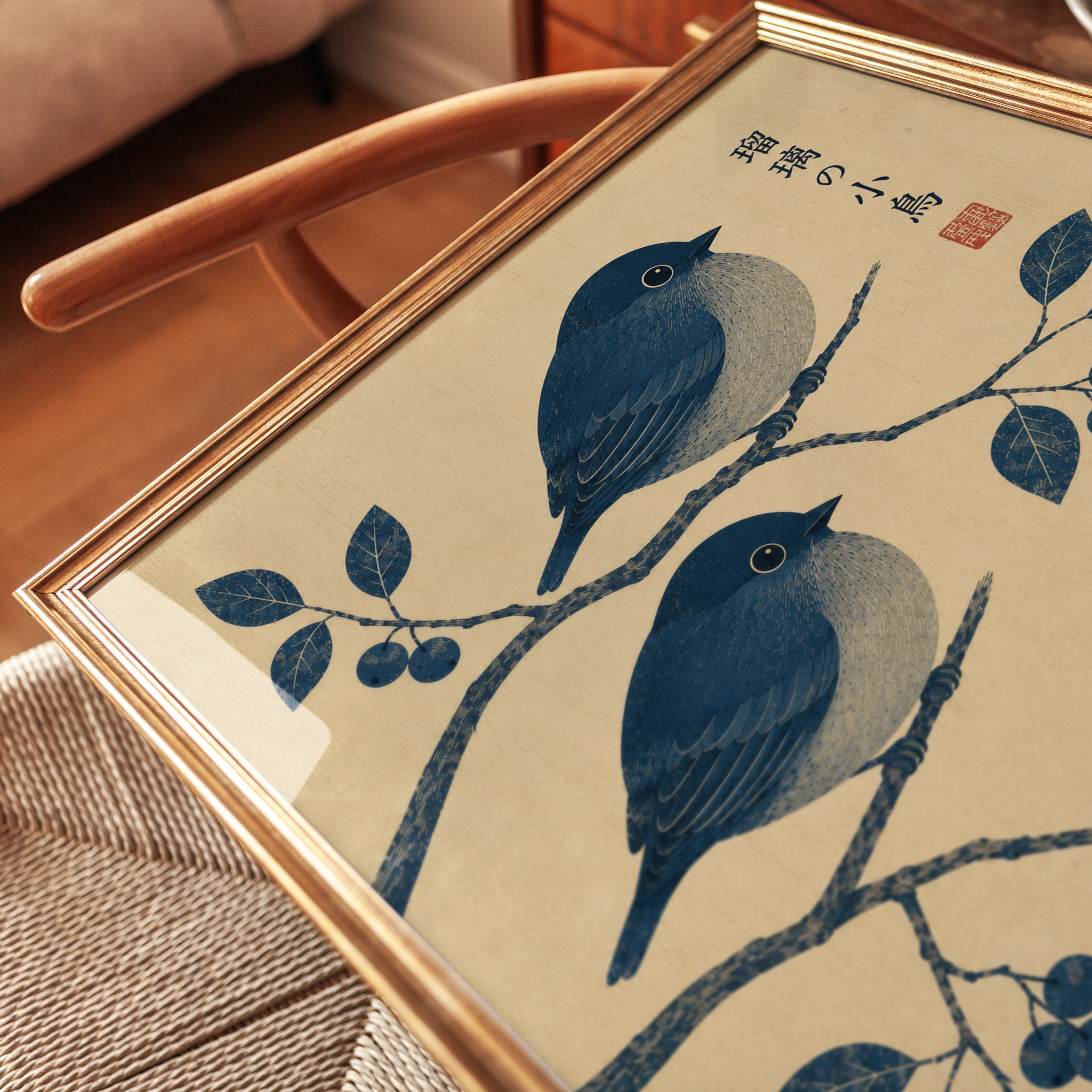 Japanese Bird Print — Three Blue Songbirds on Branch - detail