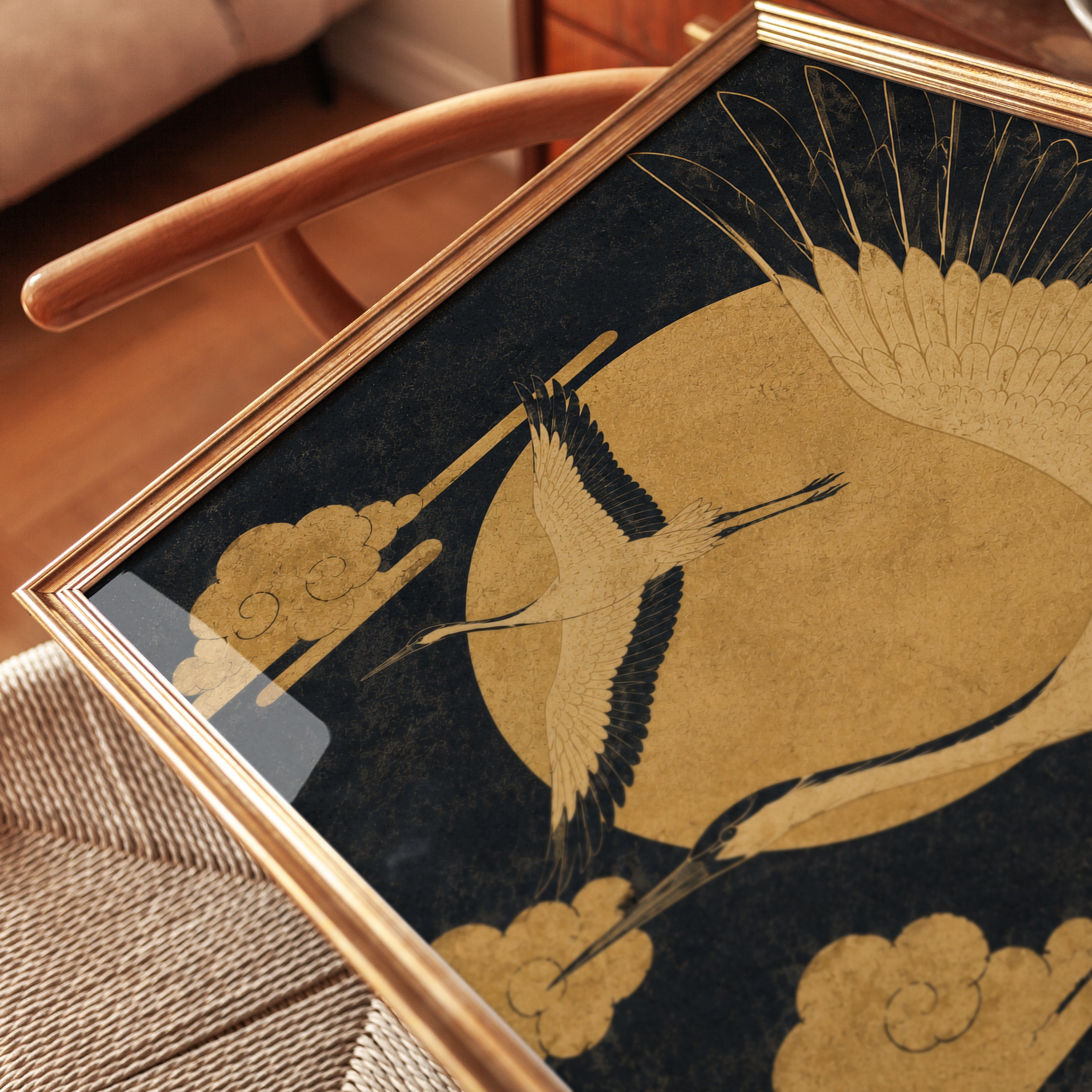 Crane Wall Art: Gold and Black Japanese Birds - detail