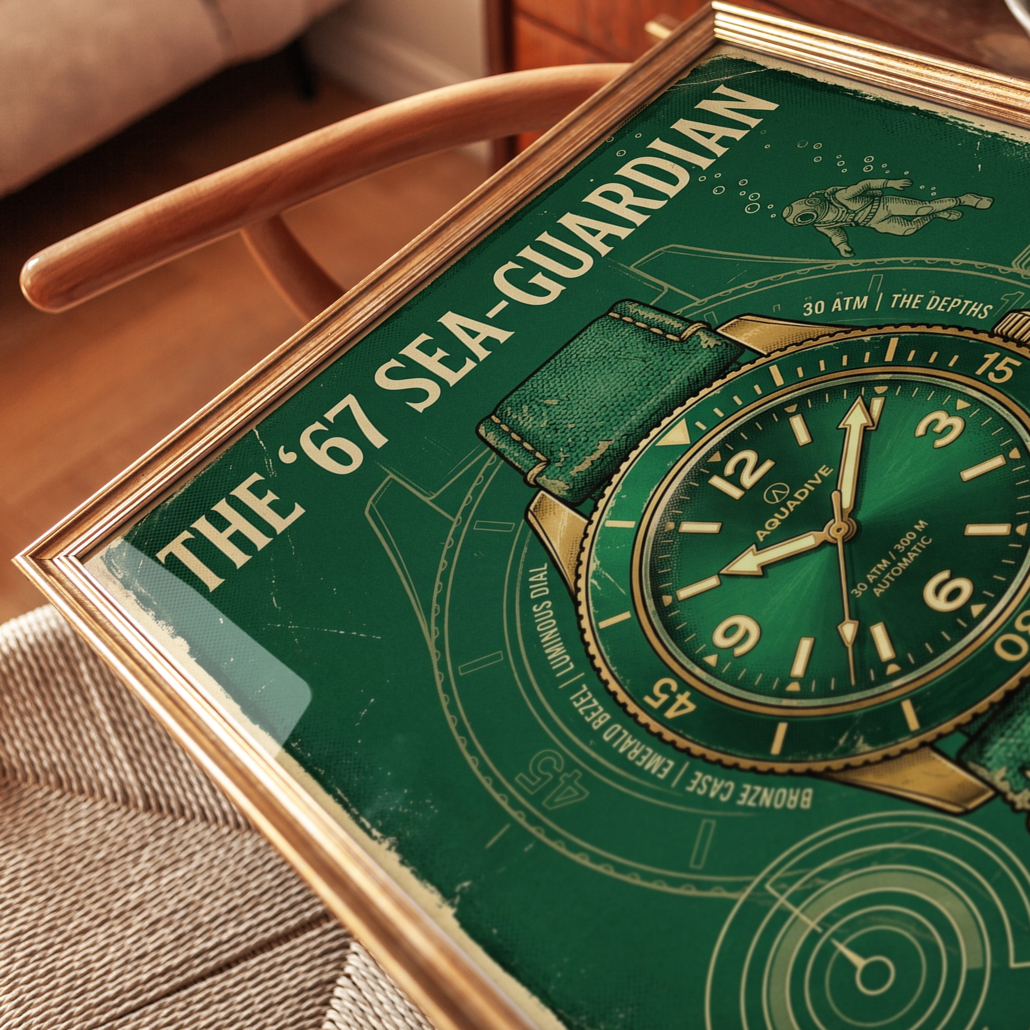 Vintage Dive Watch Poster: Retro Green Aquadive Advertisement - detail