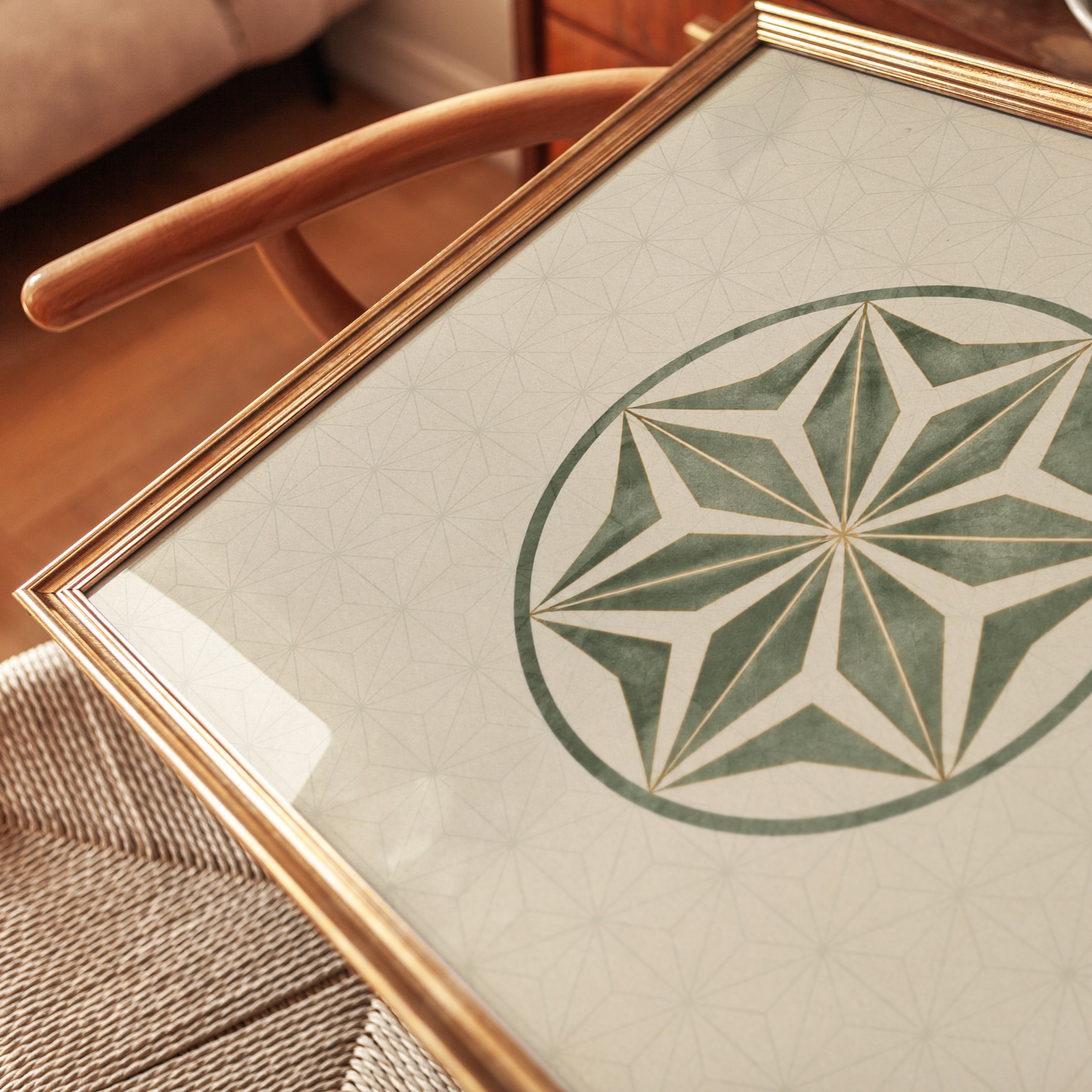 Sacred Geometry Hemp Leaf Mandala Art Print: Green and Cream - detail