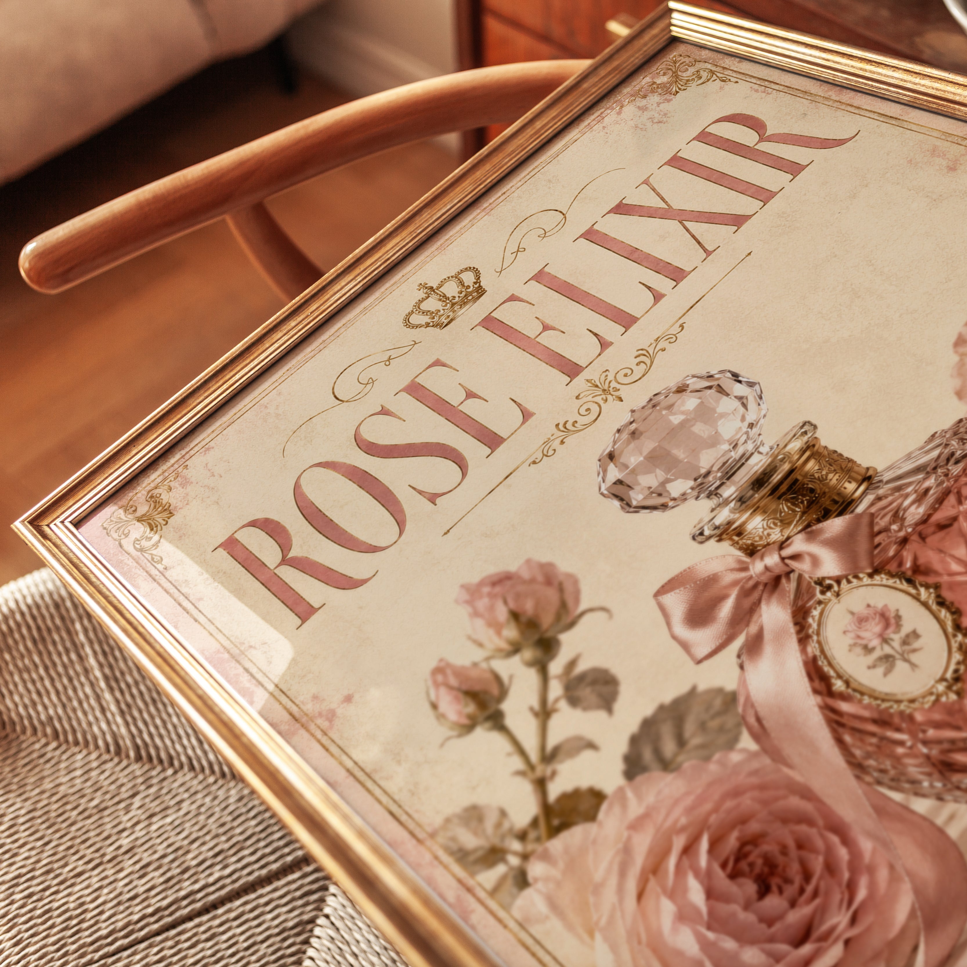 Vintage Perfume Bottle Print — Rose Elixir French Advertisement - detail