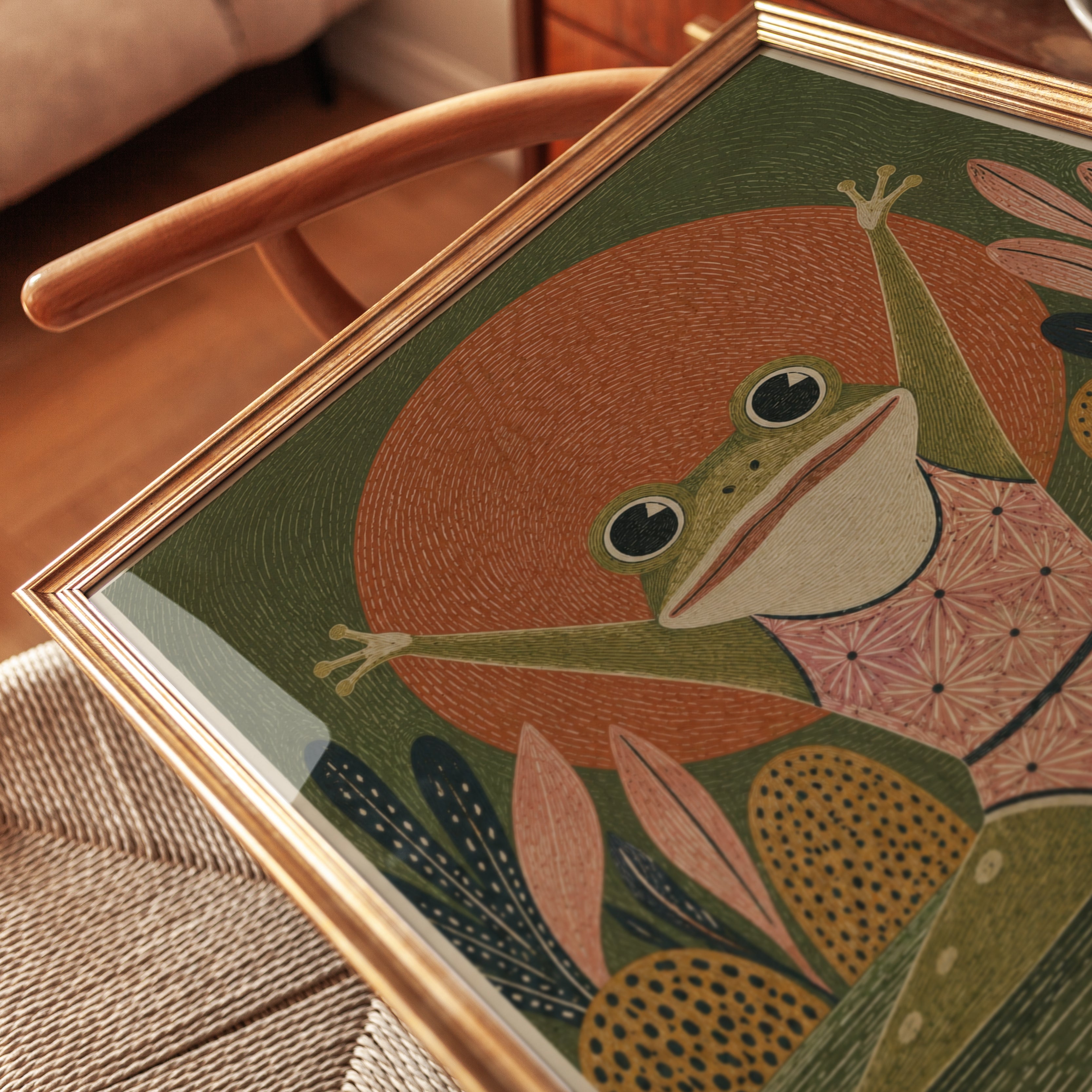 Whimsical Frog Folk Art Print - detail