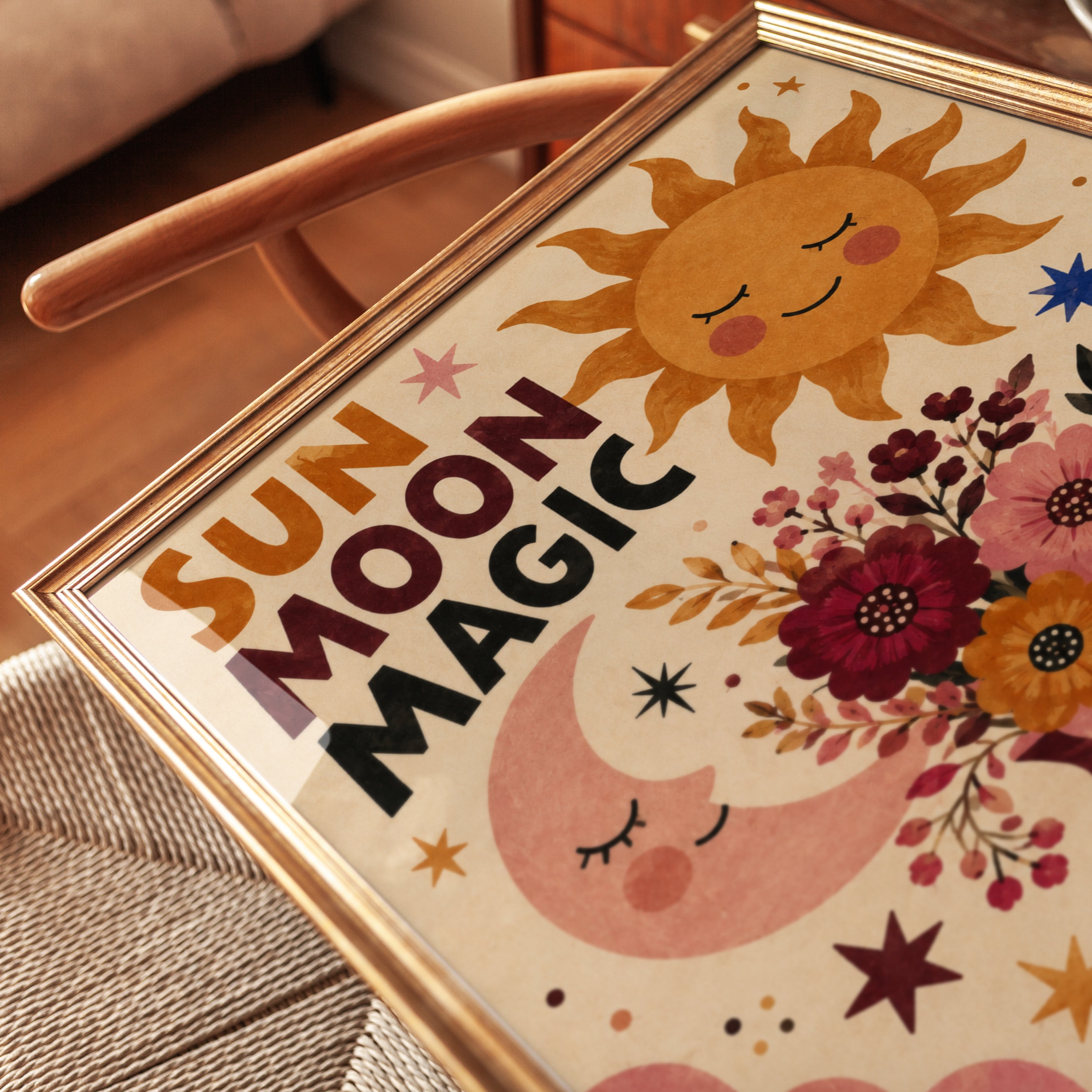 Sun Moon Magic Poster: Retro Celestial Folk Art with Flowers - detail