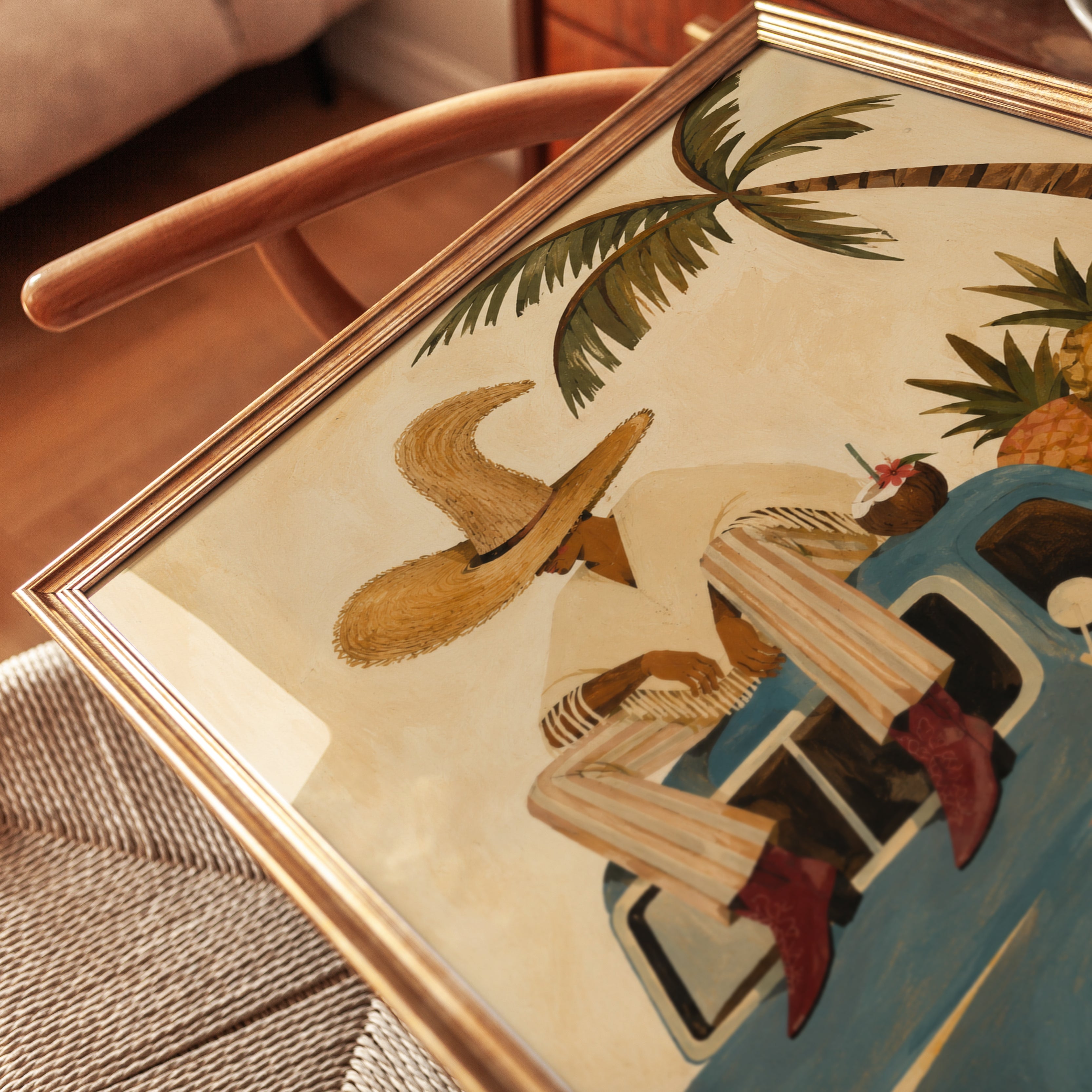 Vintage Tropical Truck Print: Retro Blue Pickup with Pineapples - detail