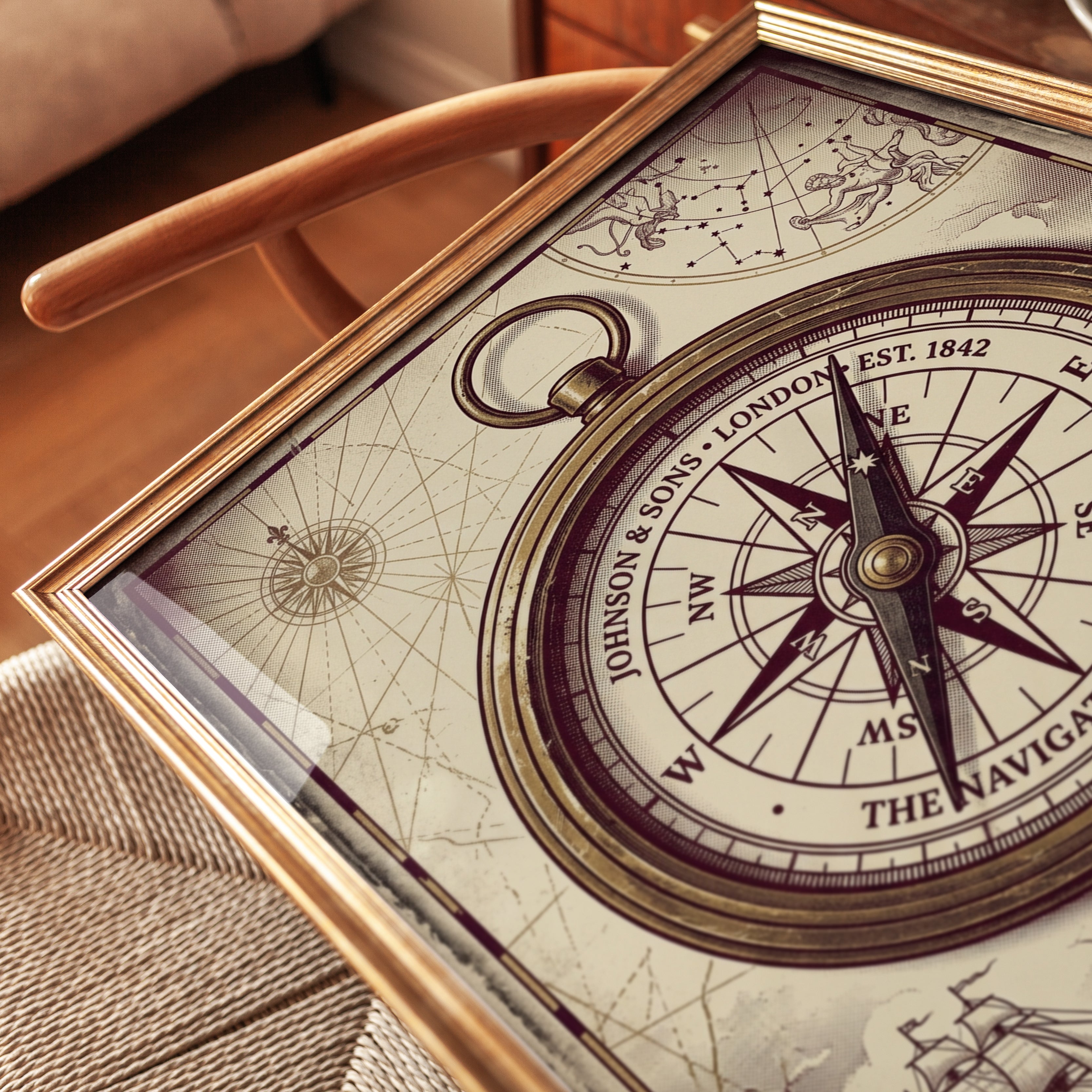 Vintage Nautical Compass Art Print: Victorian Navigation Design - detail