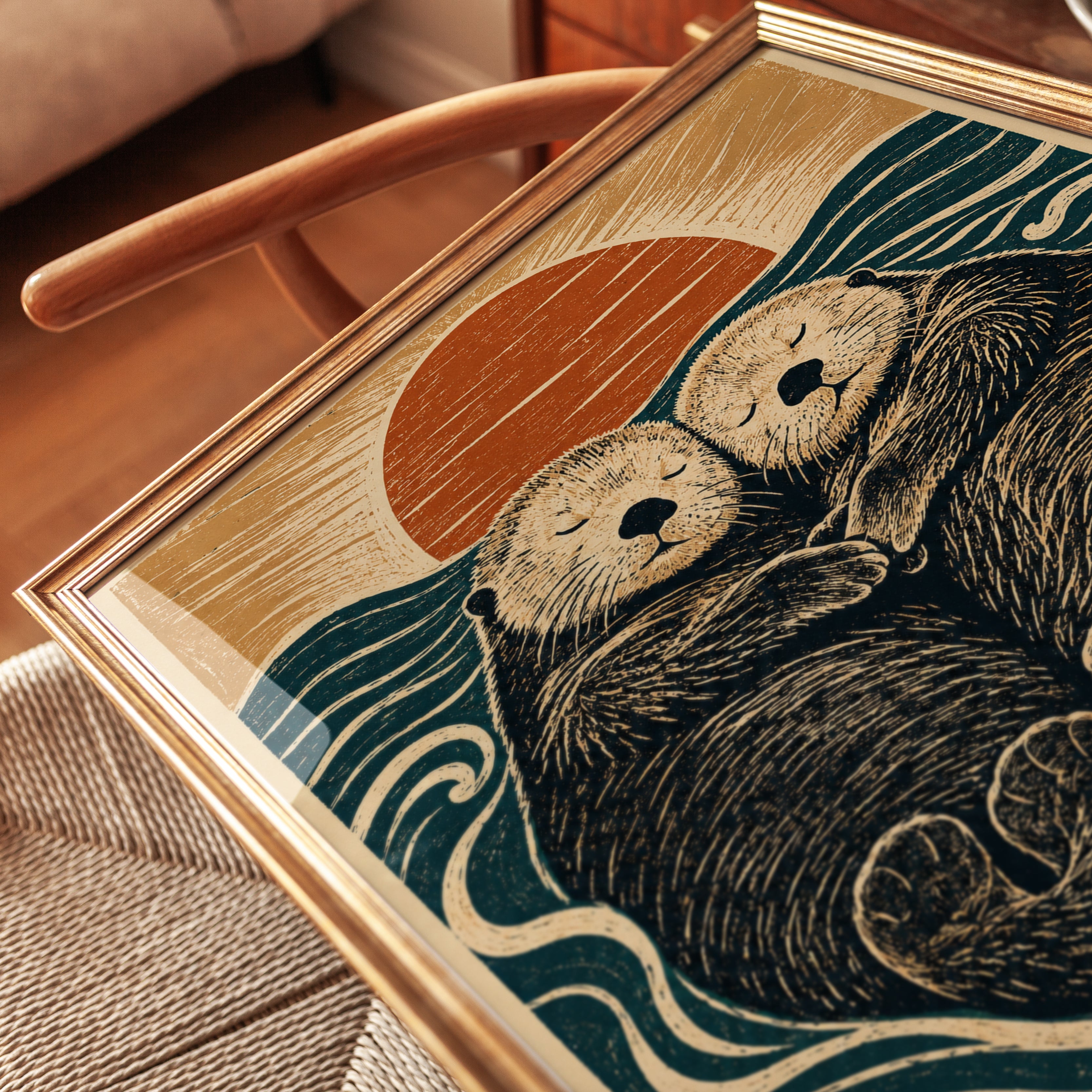 Otter Couple Linocut Print — Vintage Woodblock Style - detail