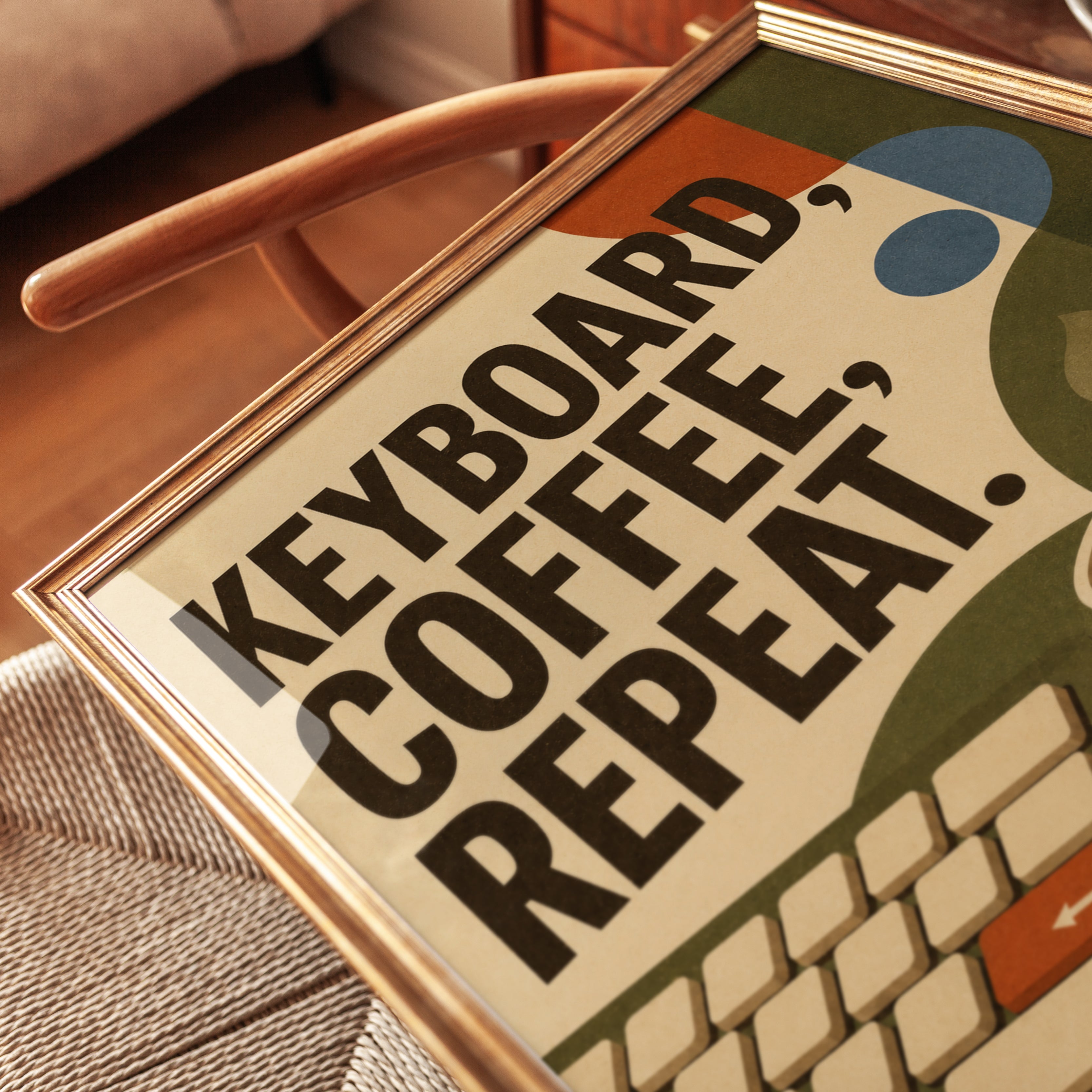 Keyboard Coffee Repeat Poster: Retro Mid-Century Office Art - detail