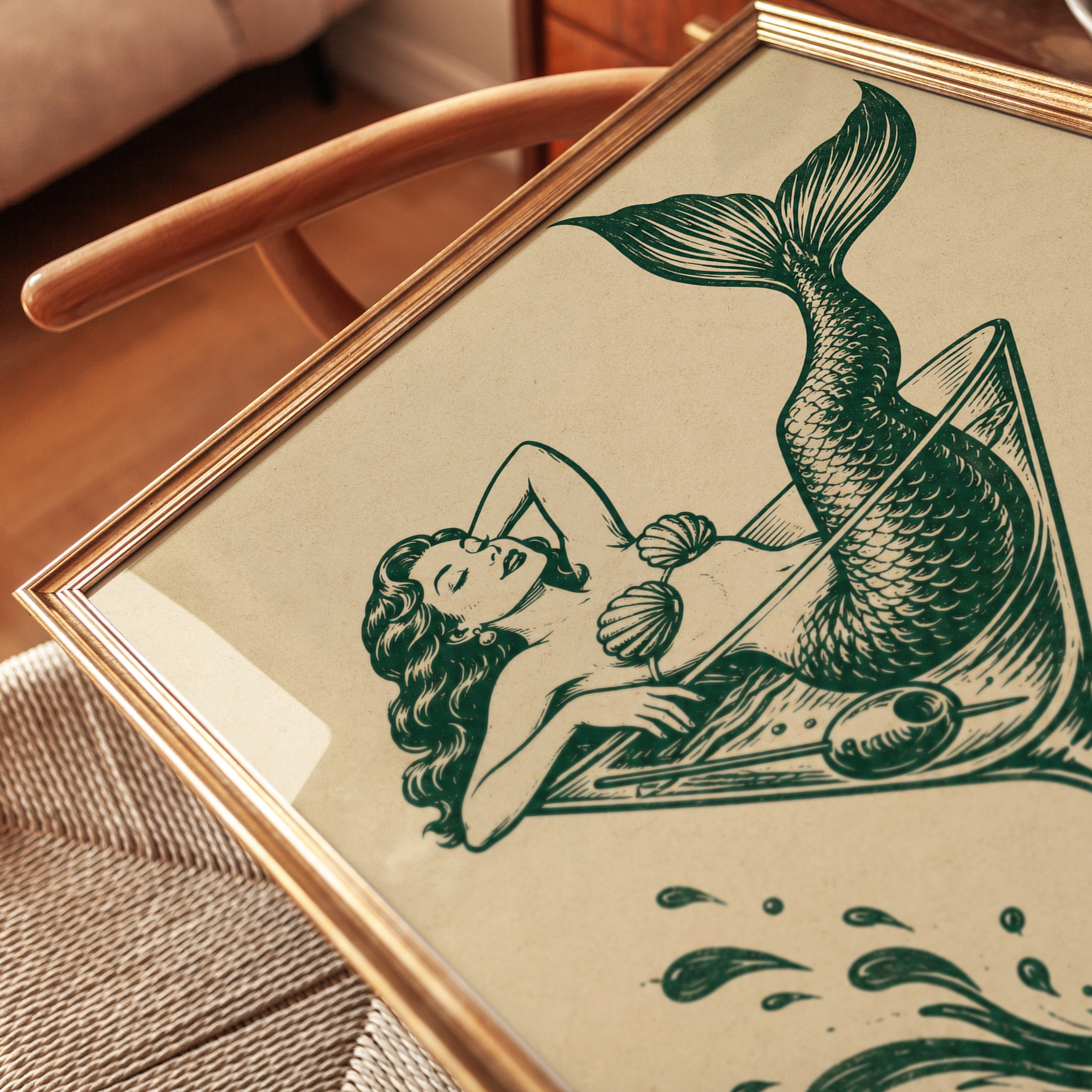 Mermaid in Martini Glass Art Print: Vintage Nautical Illustration - detail