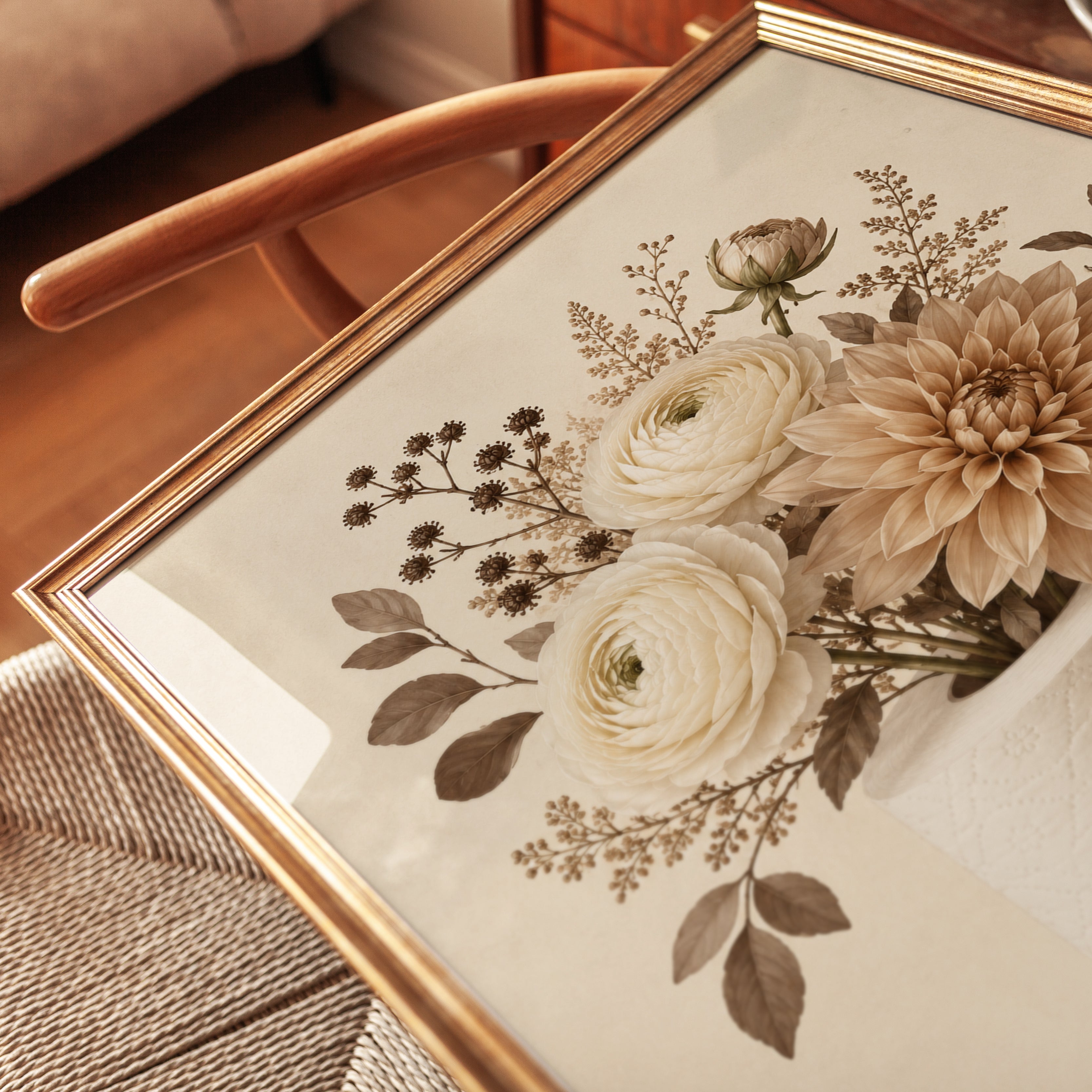 Neutral Floral Arrangement Art Print: Beige Dahlia and Ranunculus - detail