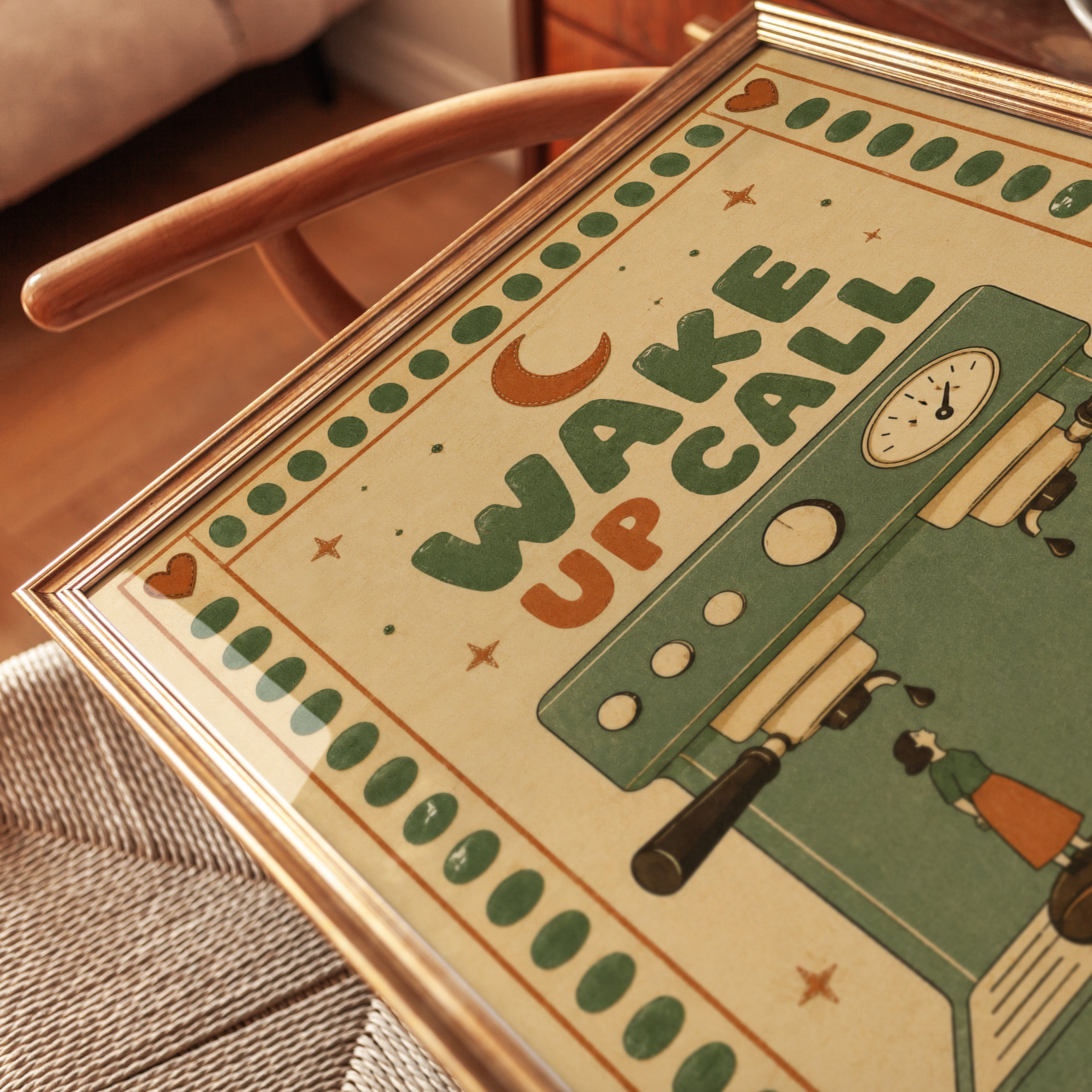 Wake Up Call Coffee Machine Print: Retro Vintage Kitchen Art - detail