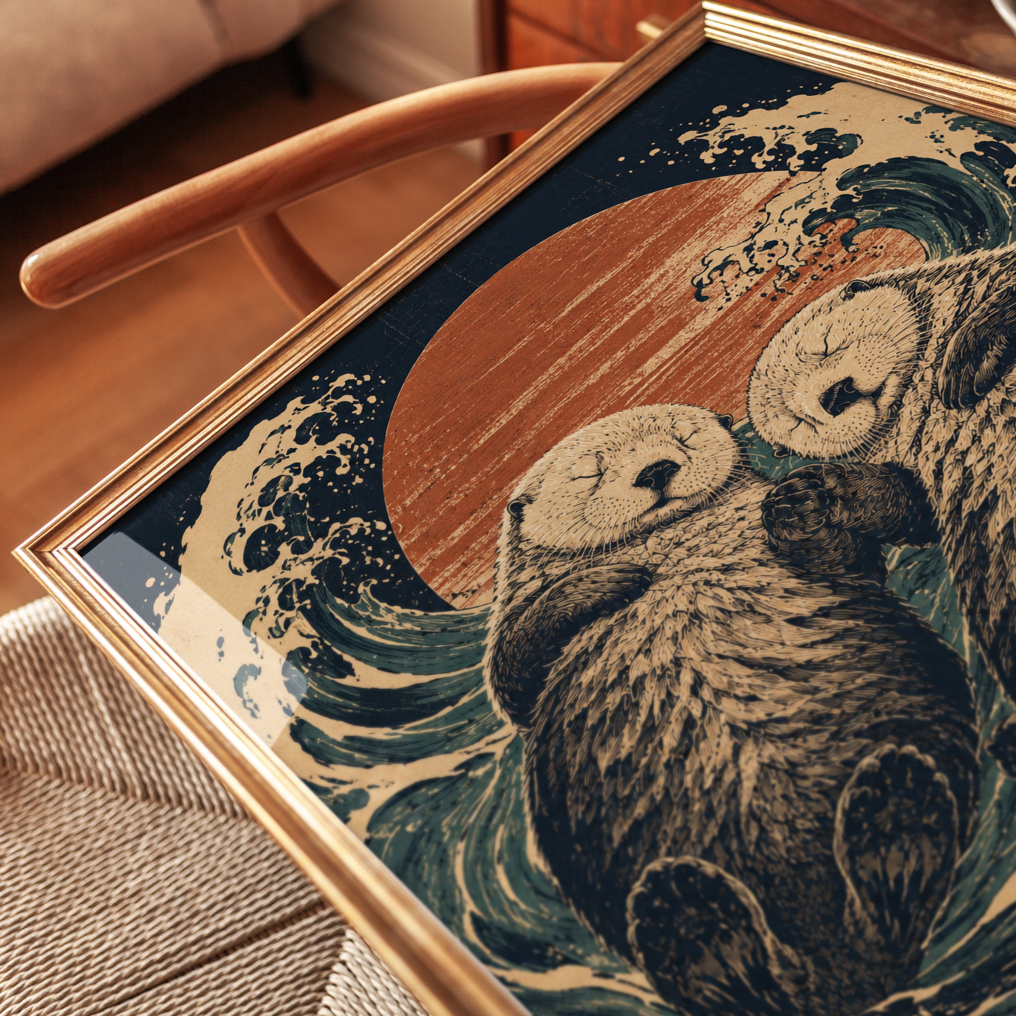 Sea Otter Art Print — Japanese Wave Style - detail