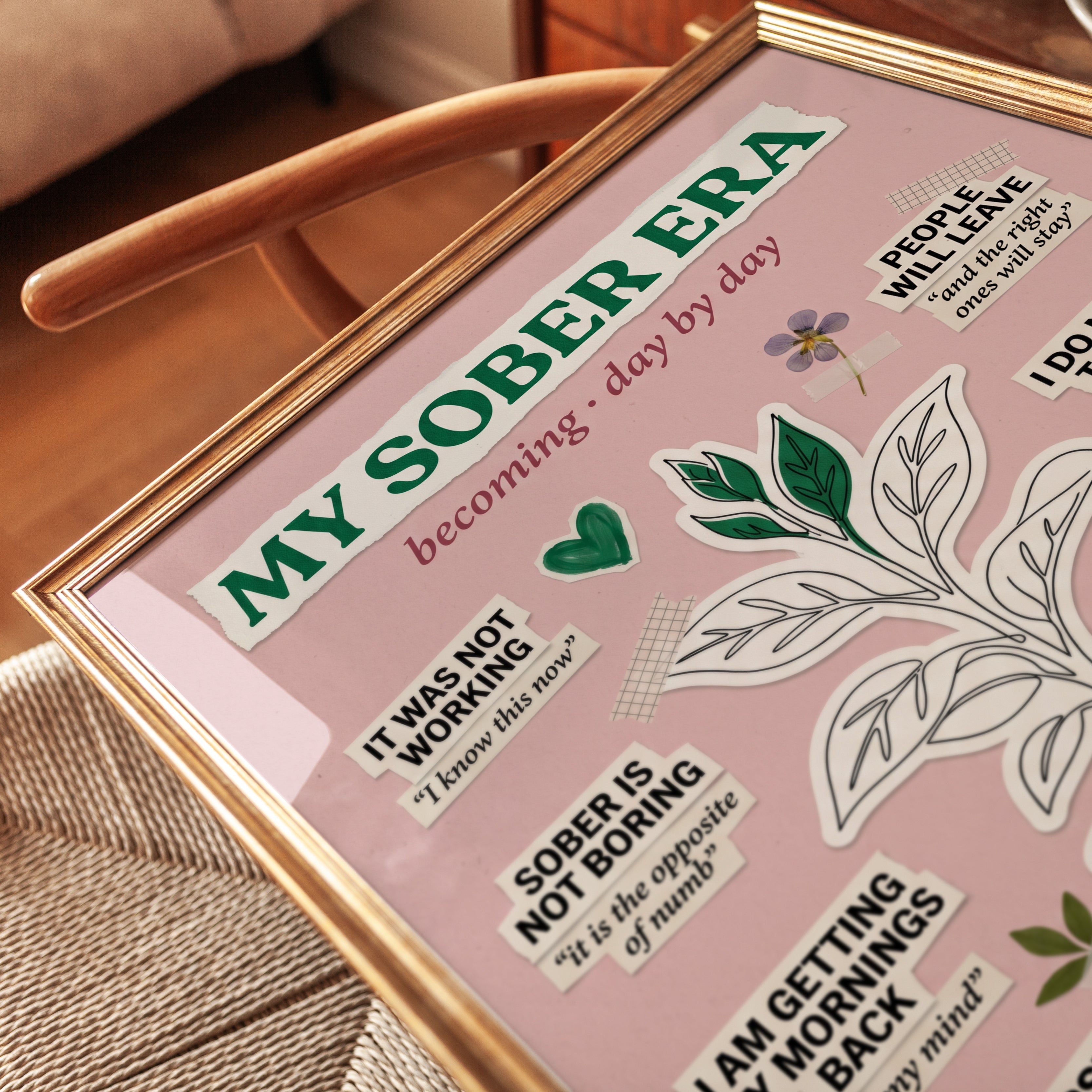 Sobriety Affirmation Print: Pink Recovery Art with Motivational Quotes - detail