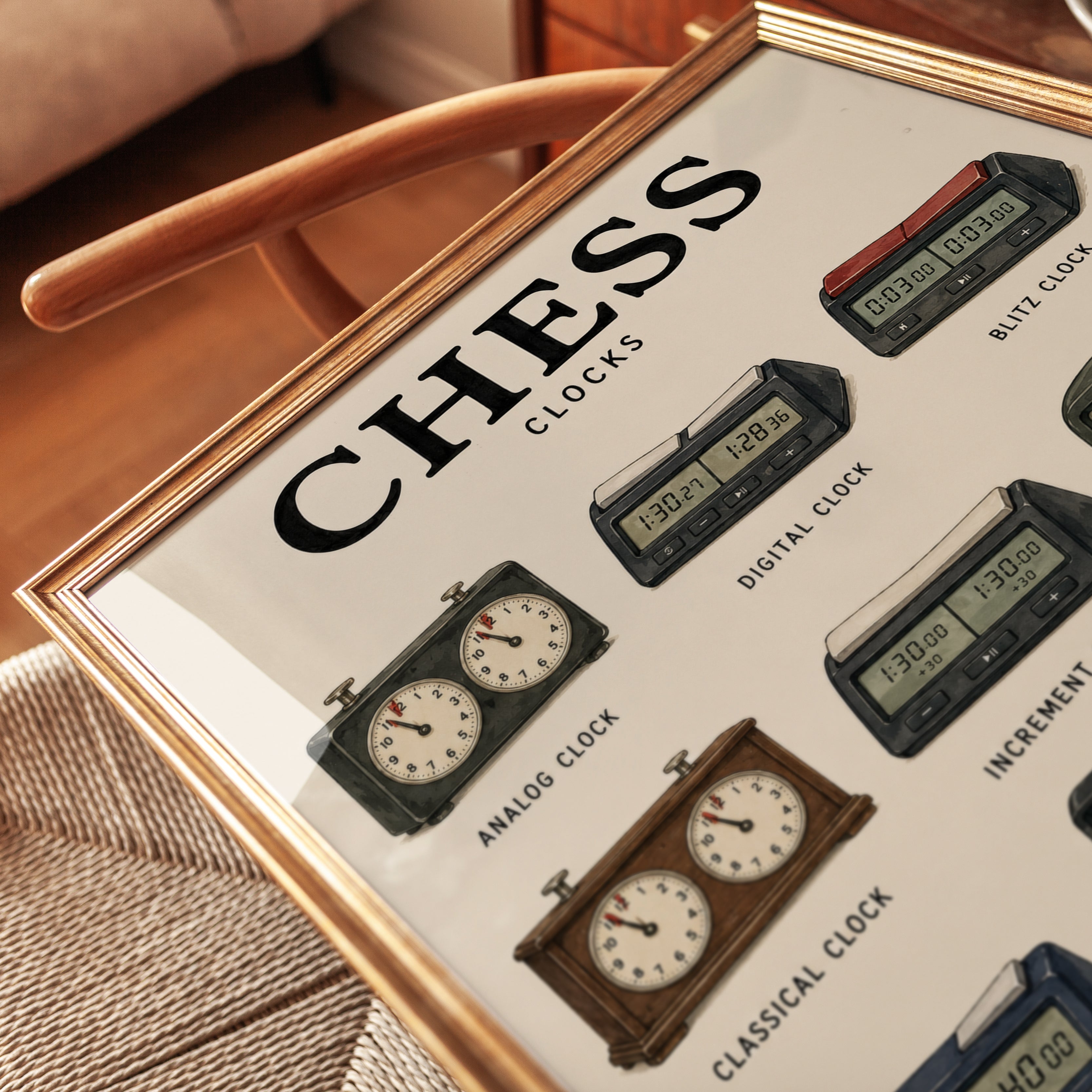 Chess Clocks Art Print: Vintage Game Timer Collection Poster - detail