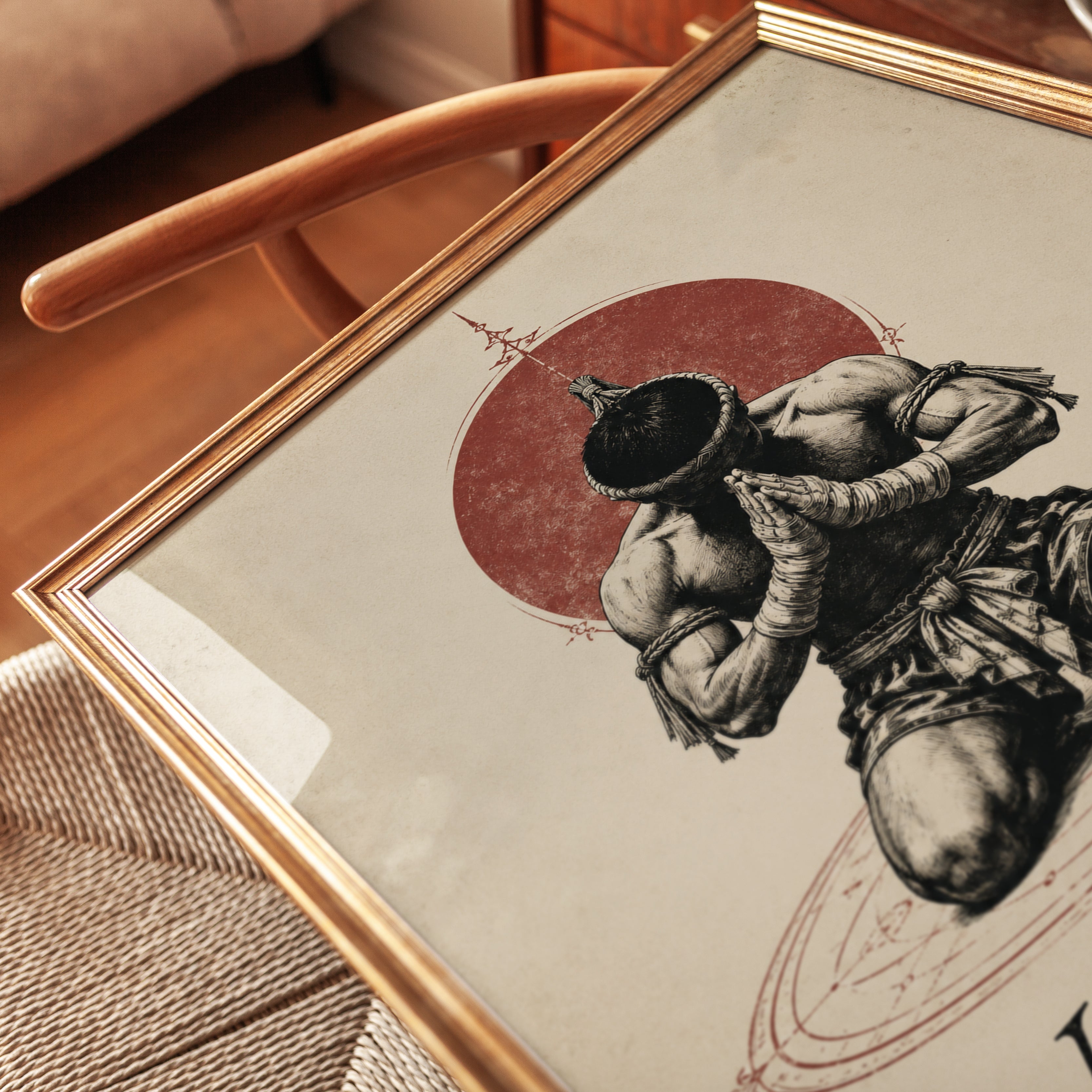 Muay Thai Fighter Wall Art: Vintage Red Circle Prayer Poster - detail