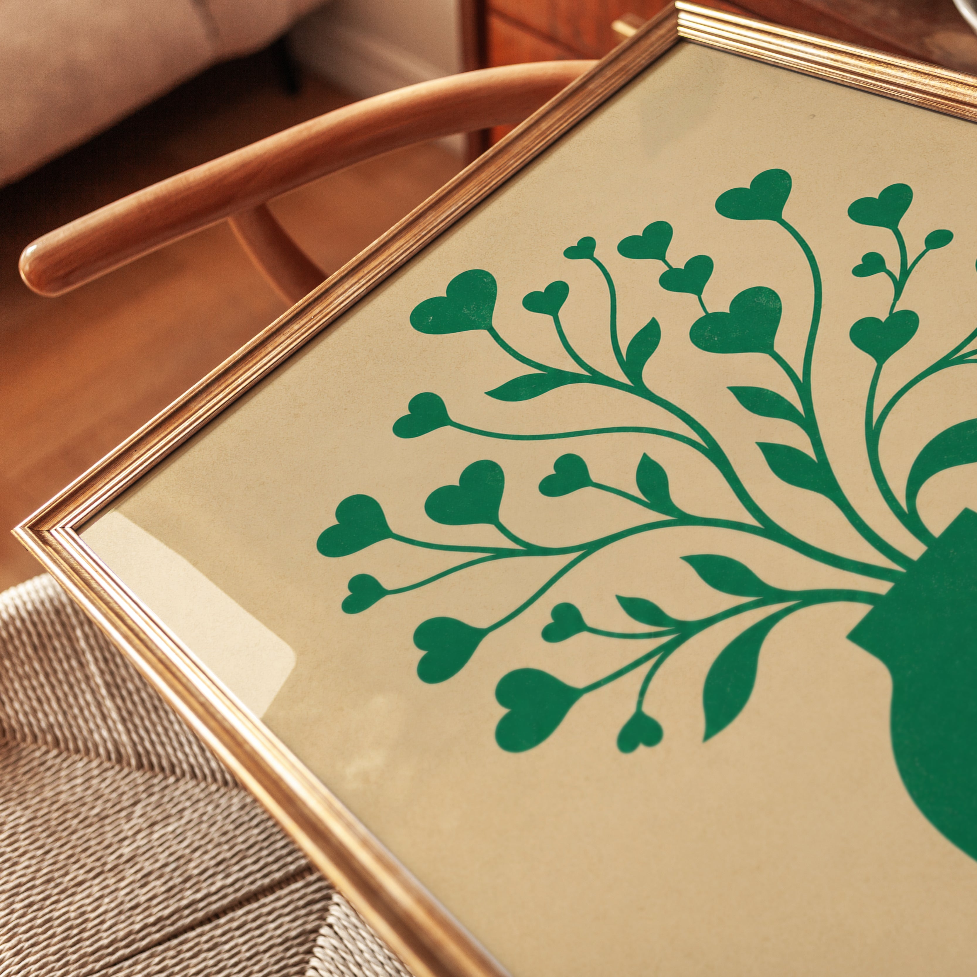 Grow in Love Heart Vase Print: Folk Art Green Botanical Poster - detail