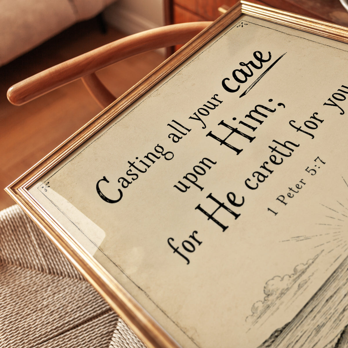 Bible Verse Ocean Sunrise Print: Vintage Inspirational Wall Art - detail