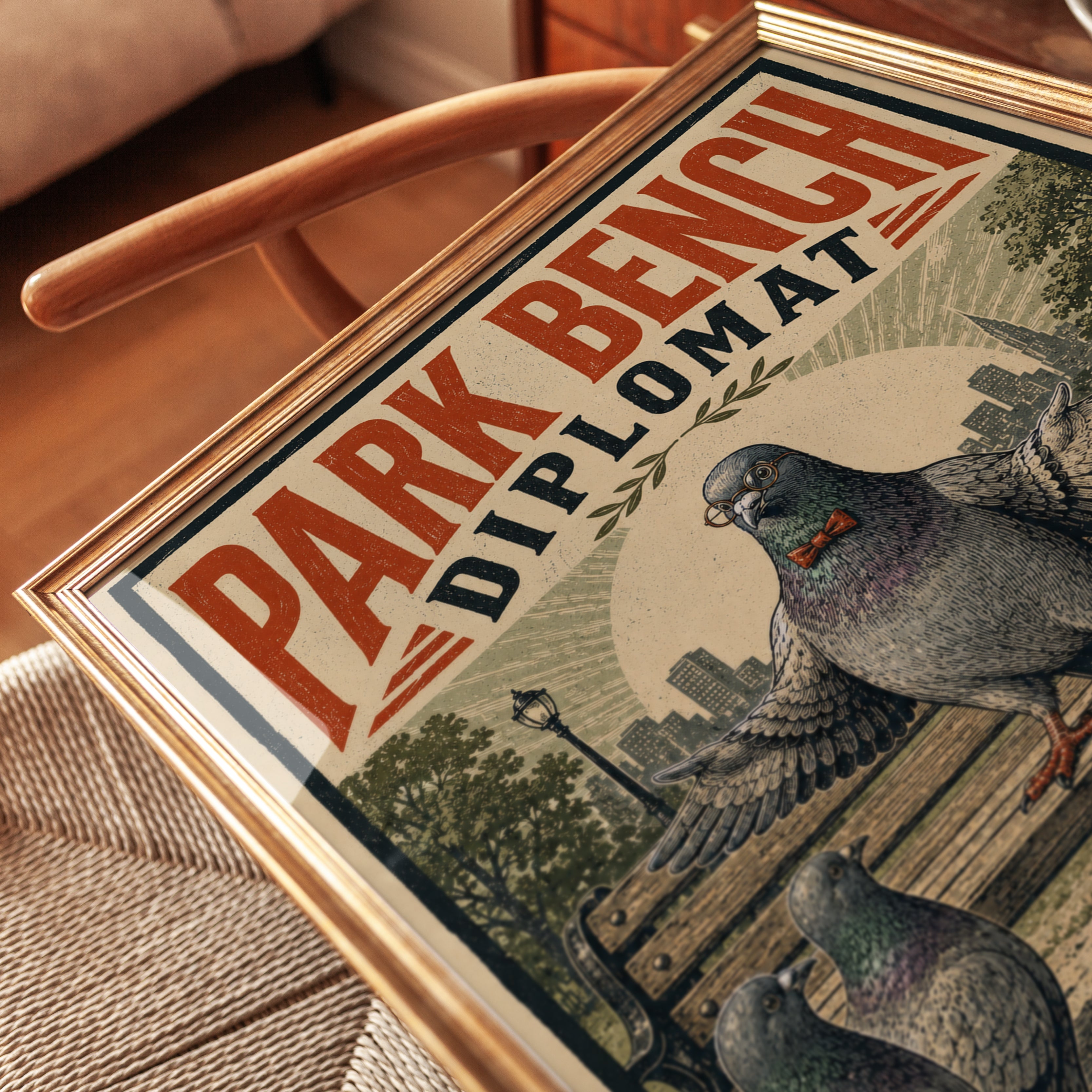Park Bench Diplomat Poster: Vintage Pigeon Art (Mid-Century Style) - detail