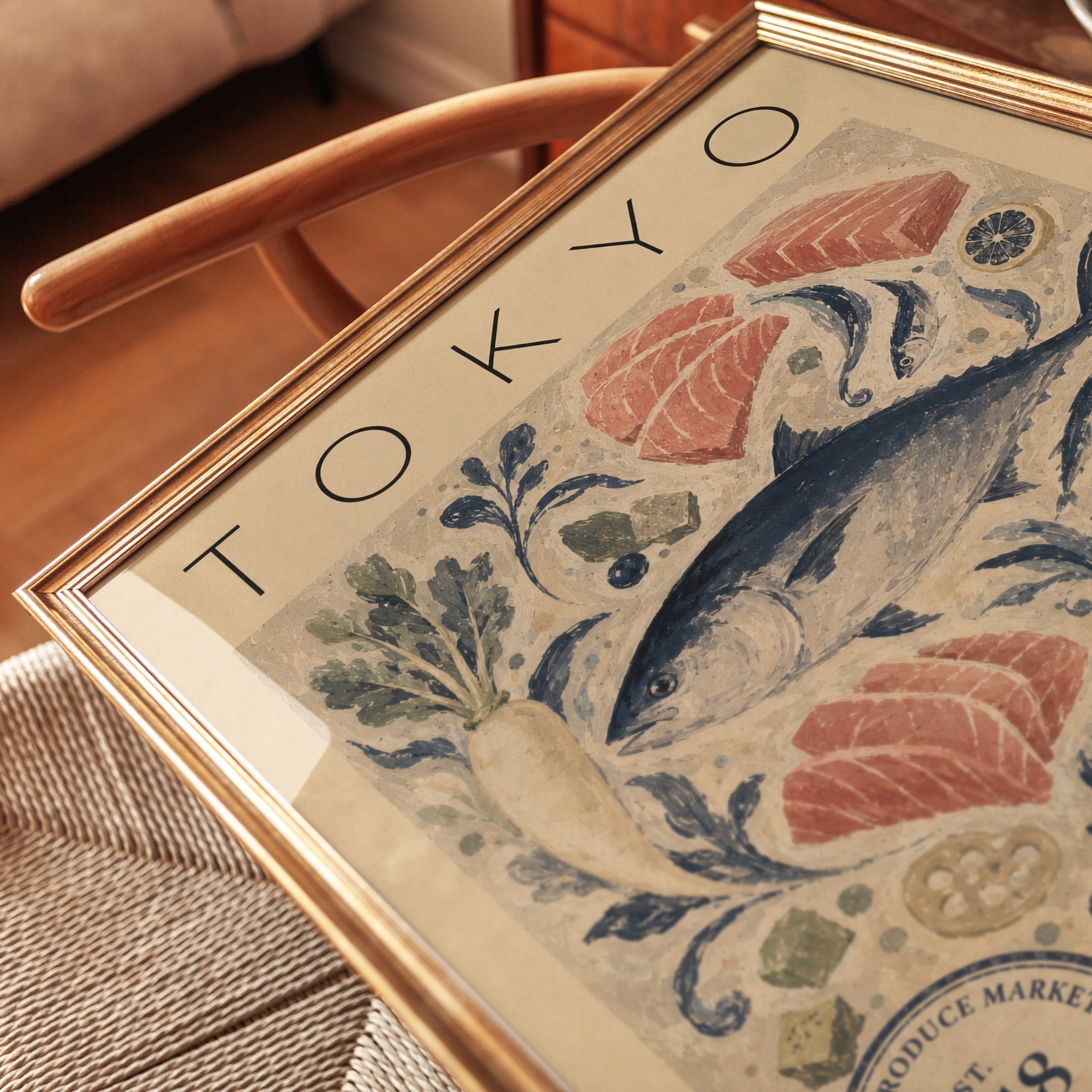 Tokyo Fish Market Poster: Vintage Japanese Seafood Illustration - detail