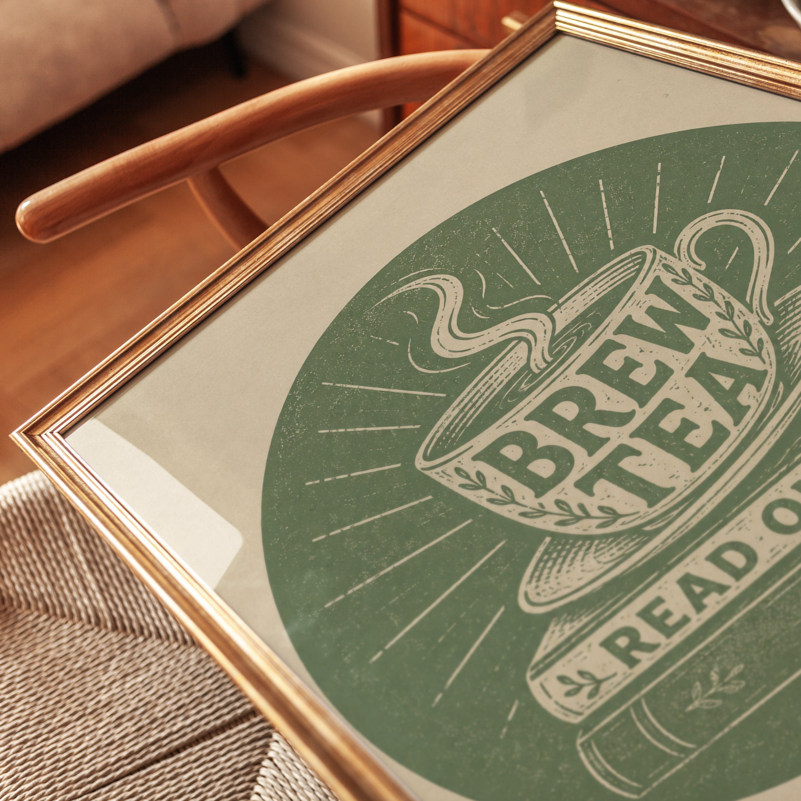 Tea and Books Wall Art: Vintage Linocut - detail