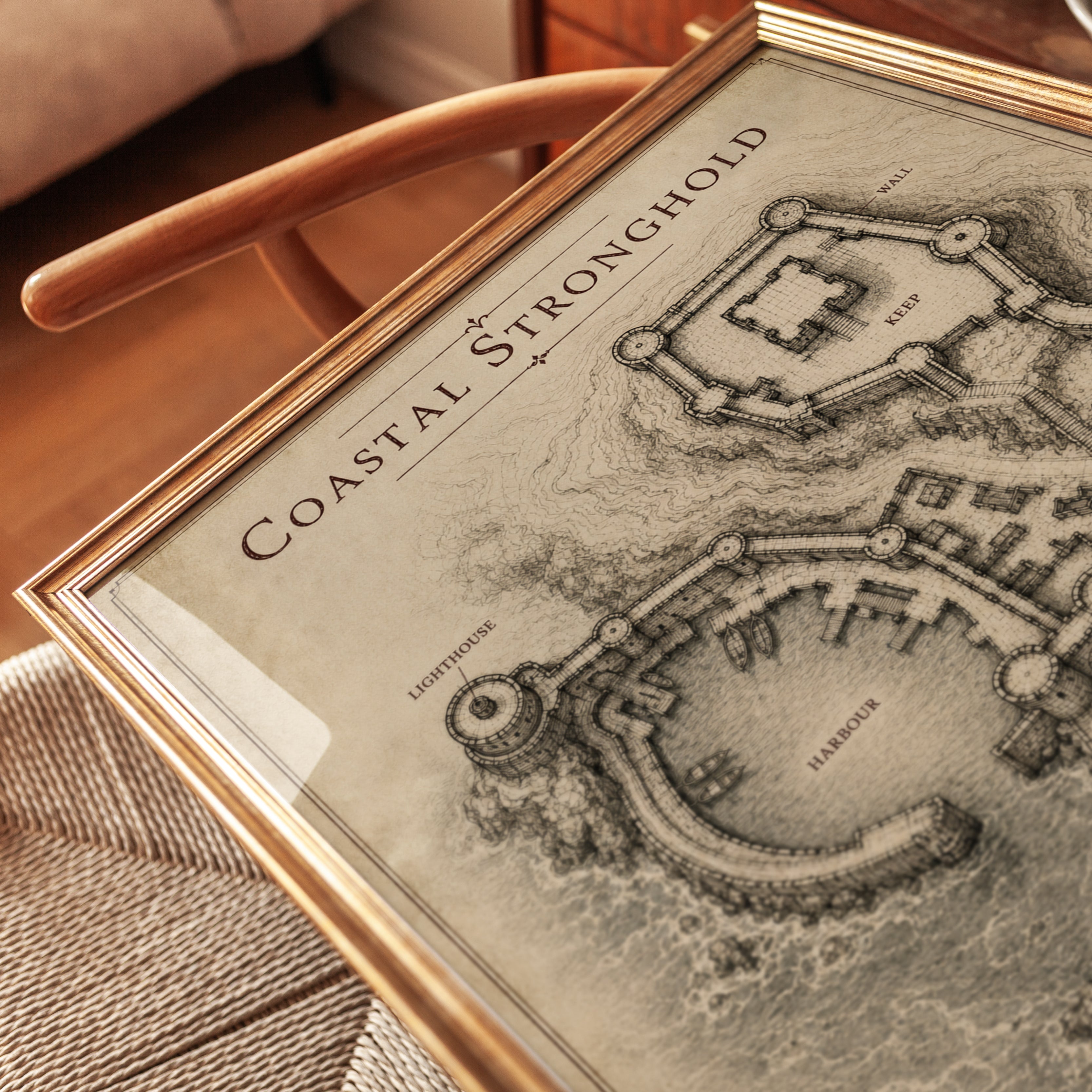 Coastal Stronghold Map Art Print: Medieval Fantasy Fortress - detail