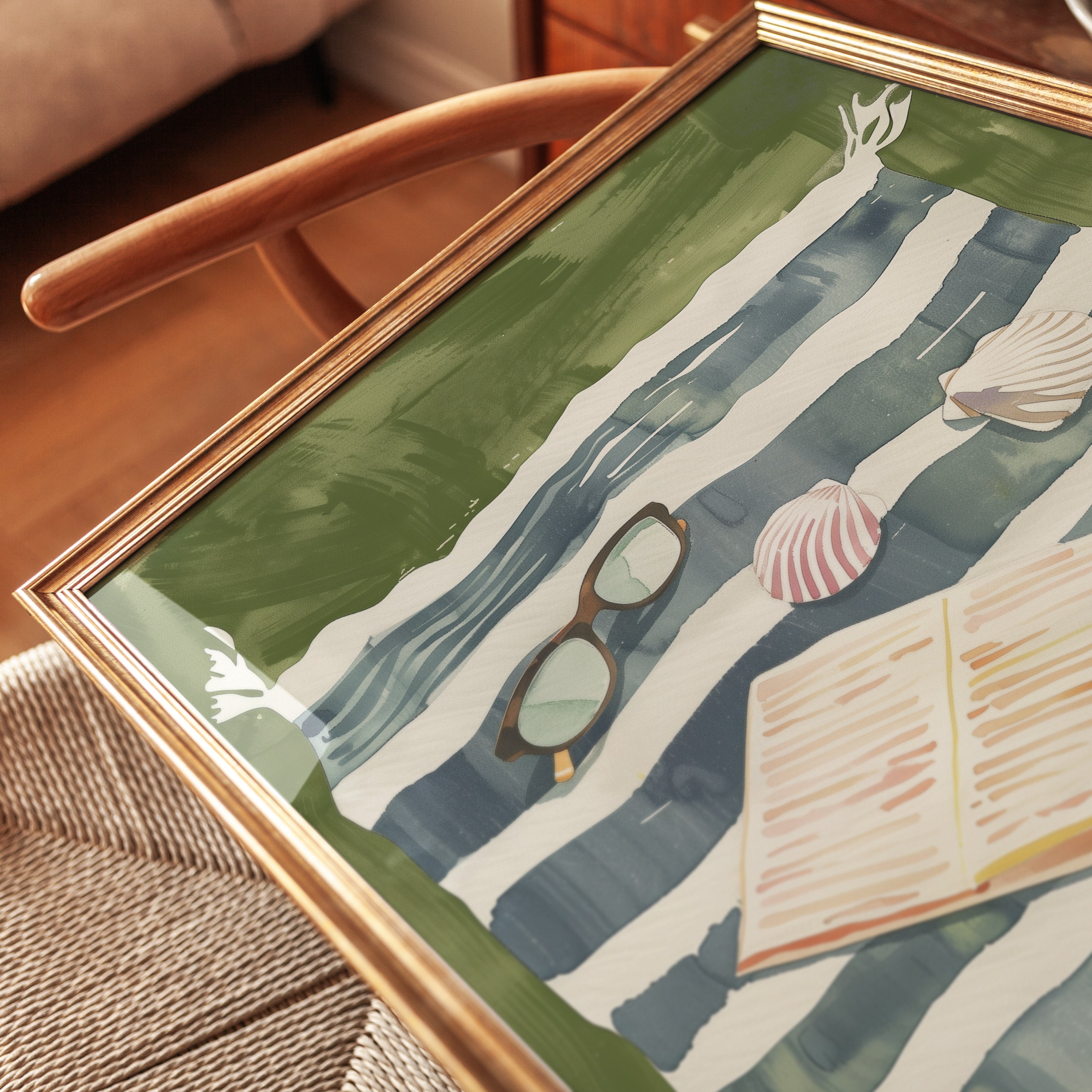 Beach Towel Reading Print: Coastal Summer Wall Art (Living Room) - detail