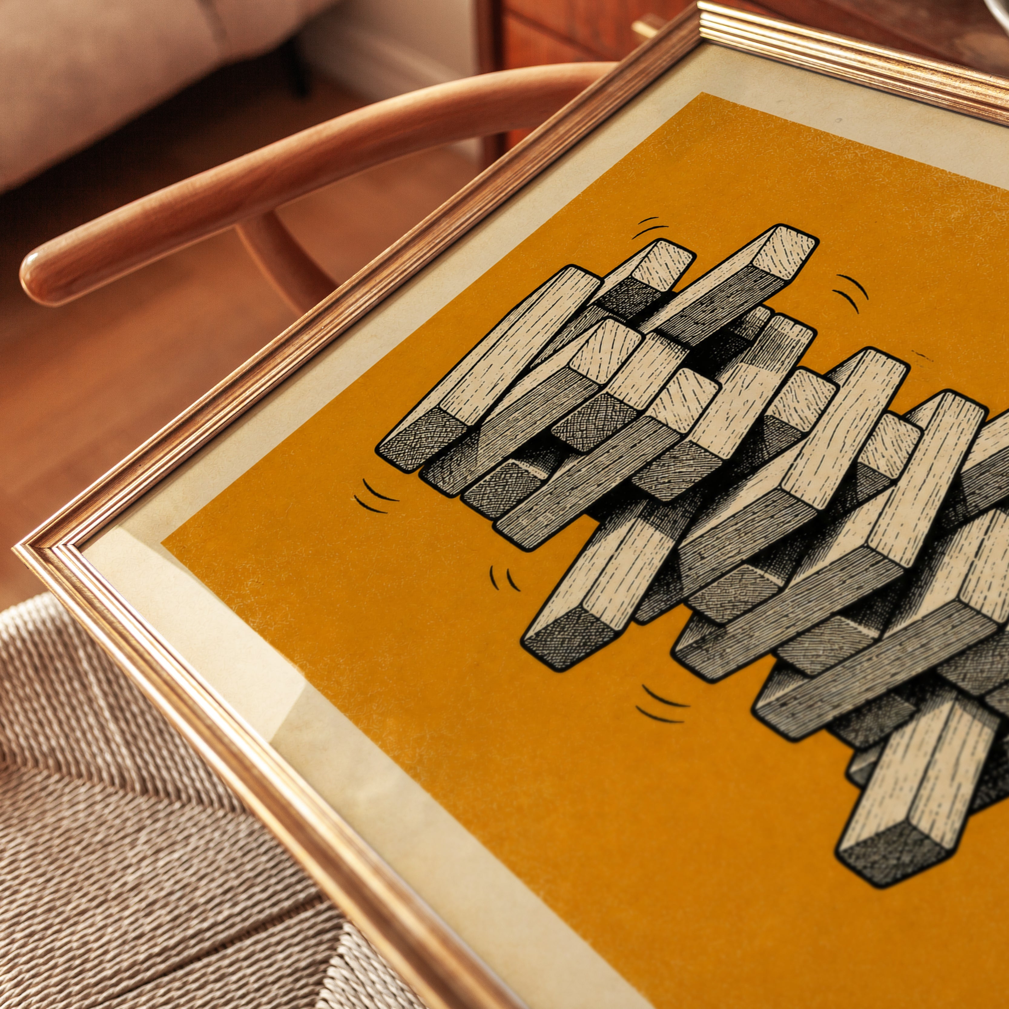 Wooden Block Tower Game Print: Vintage Orange Illustration - detail