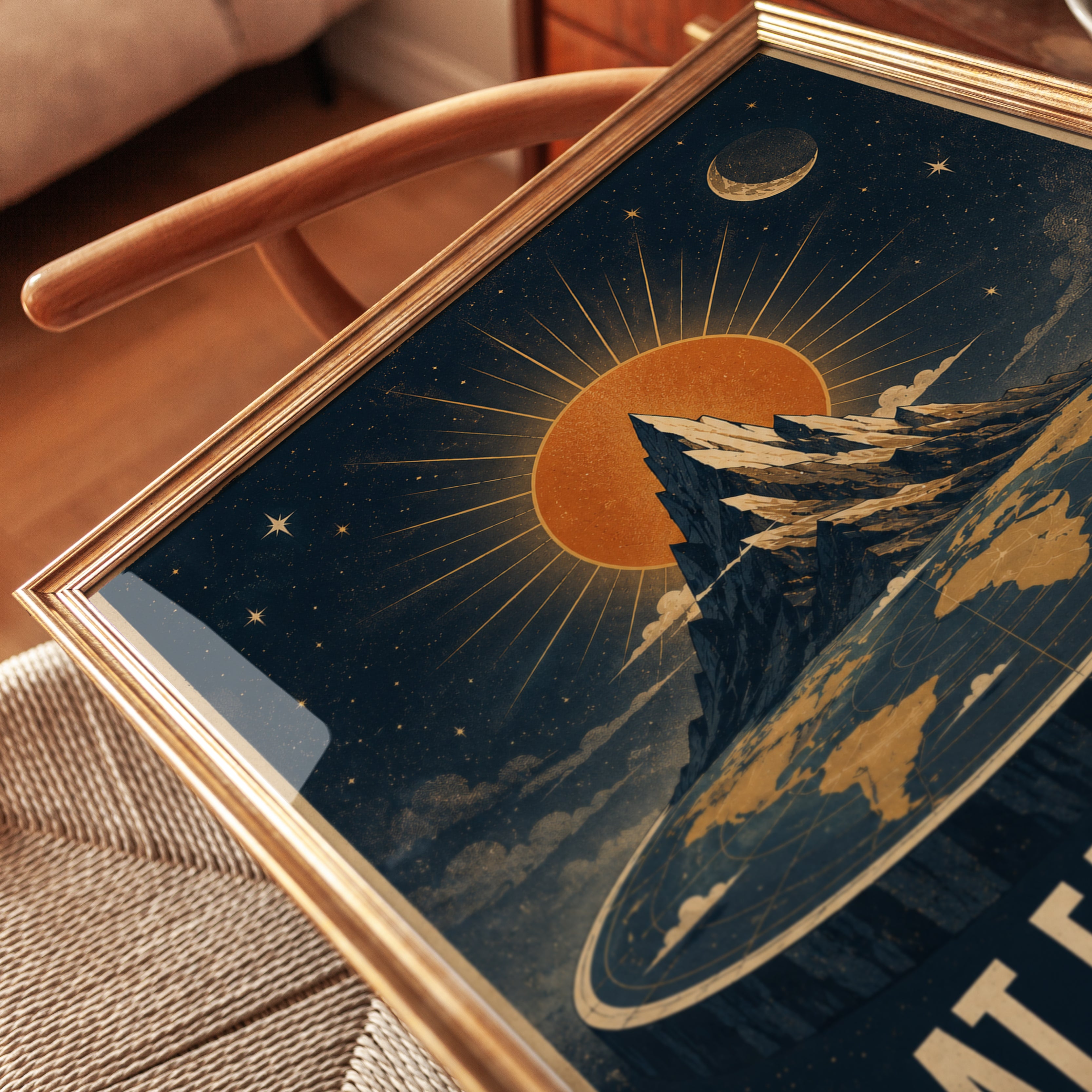 Flat Earth Wall Art: Retro Cosmic Mountain - detail