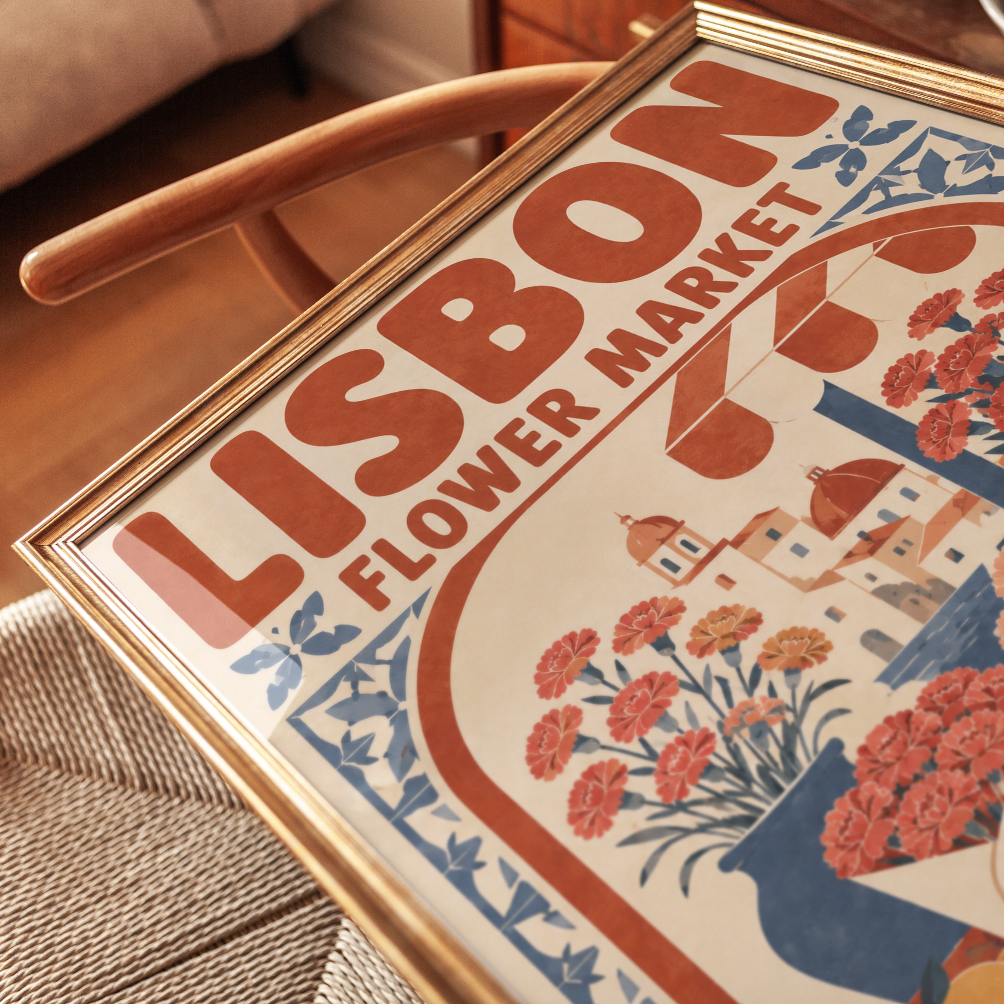 Flower Market Wall Art: Lisbon Travel Poster (Terracotta & Blue Tones) - detail