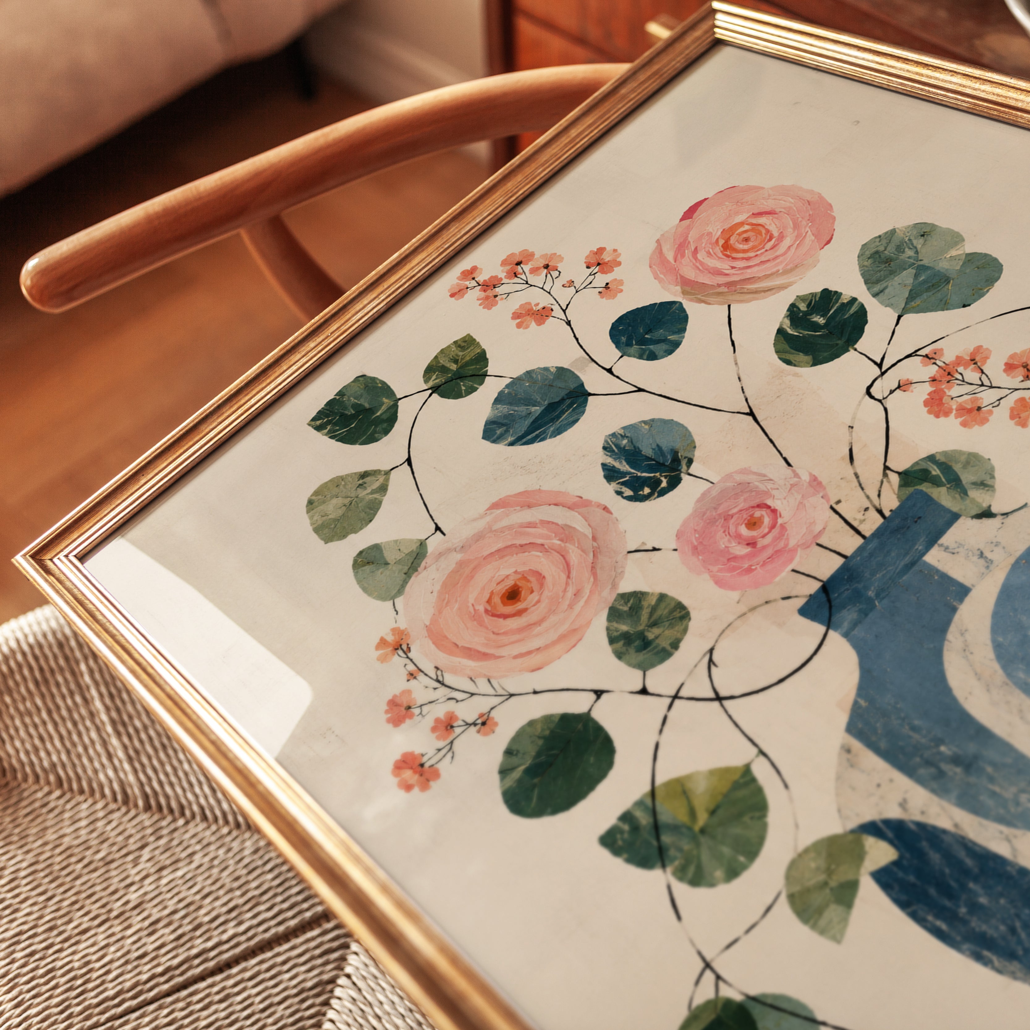 Botanical Vase Art Print: Mid-Century Modern Pink Roses and Leaves - detail