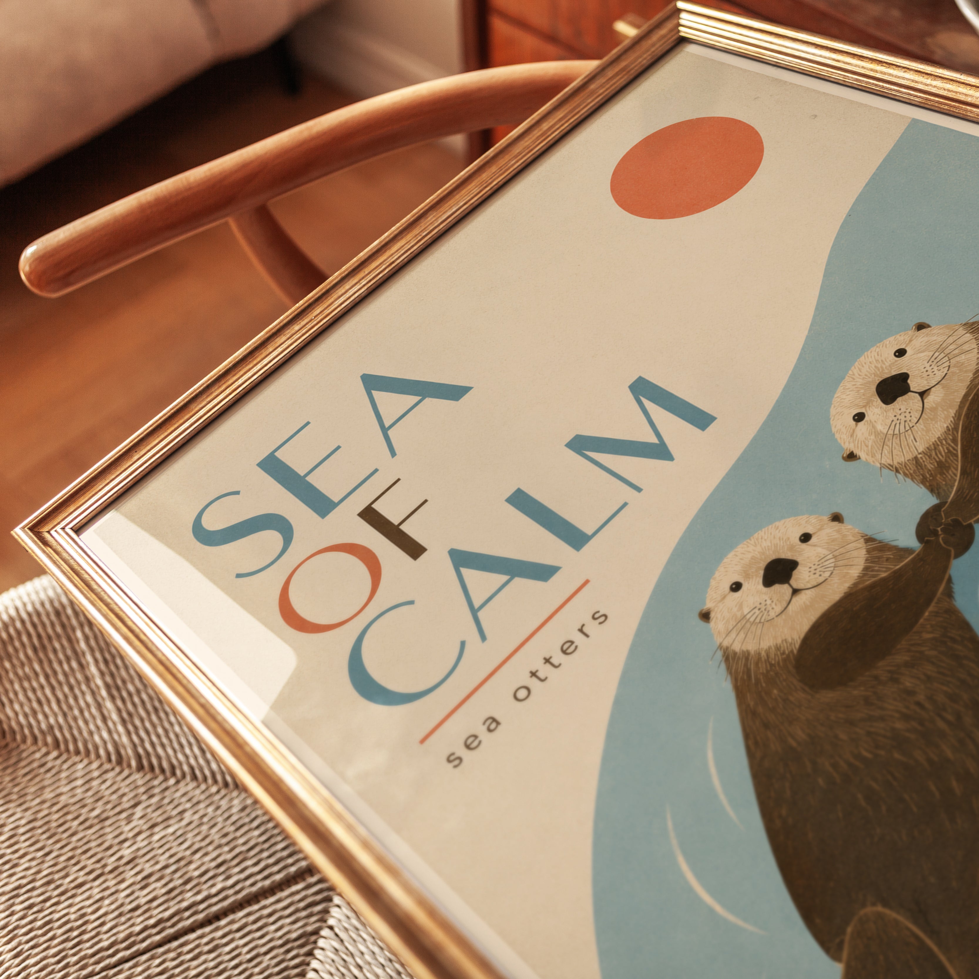 Sea Otters Holding Hands Print: Minimalist Ocean Wildlife Art - detail