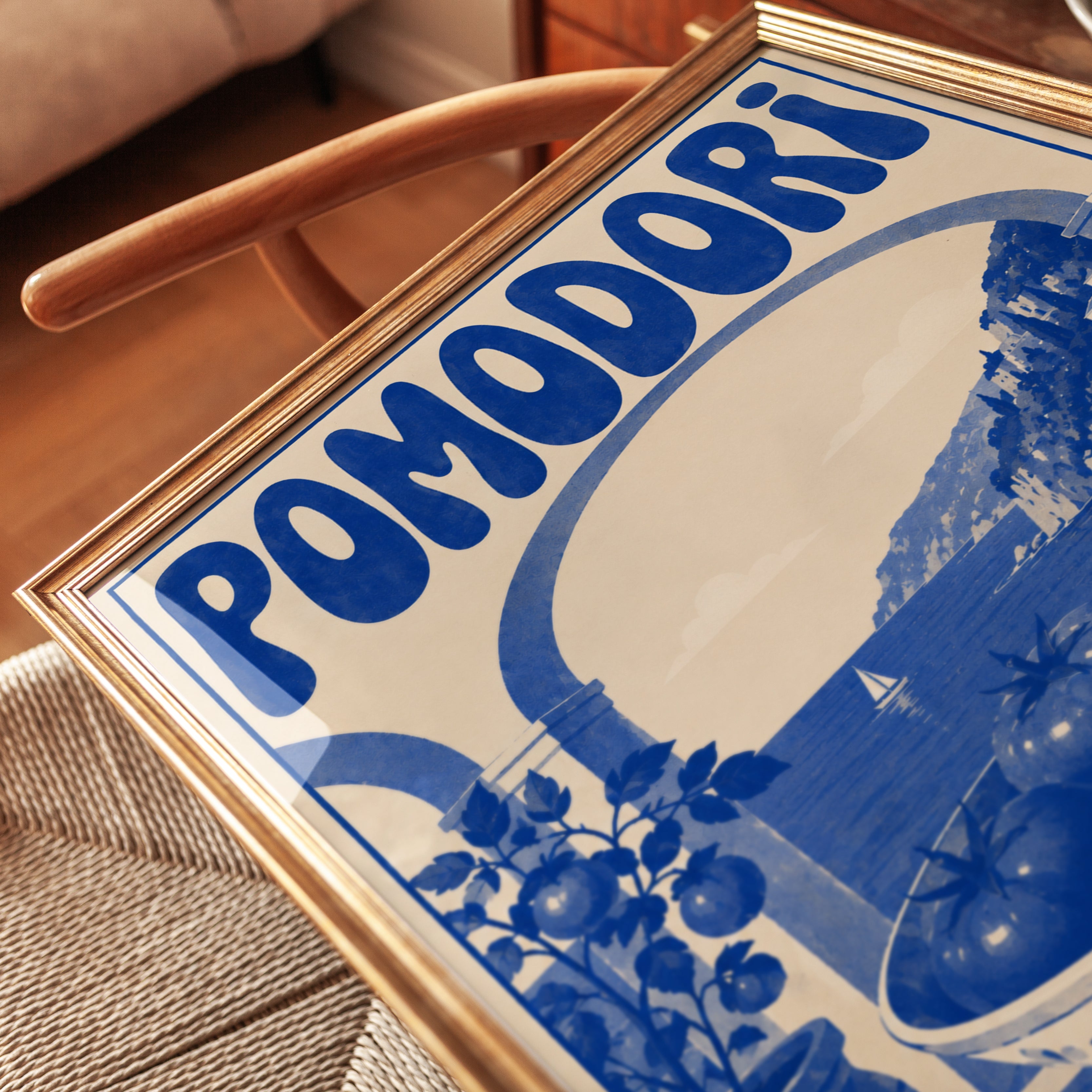 Pomodori Vintage Travel Poster: Italian Coastal Art in Blue & Cream - detail