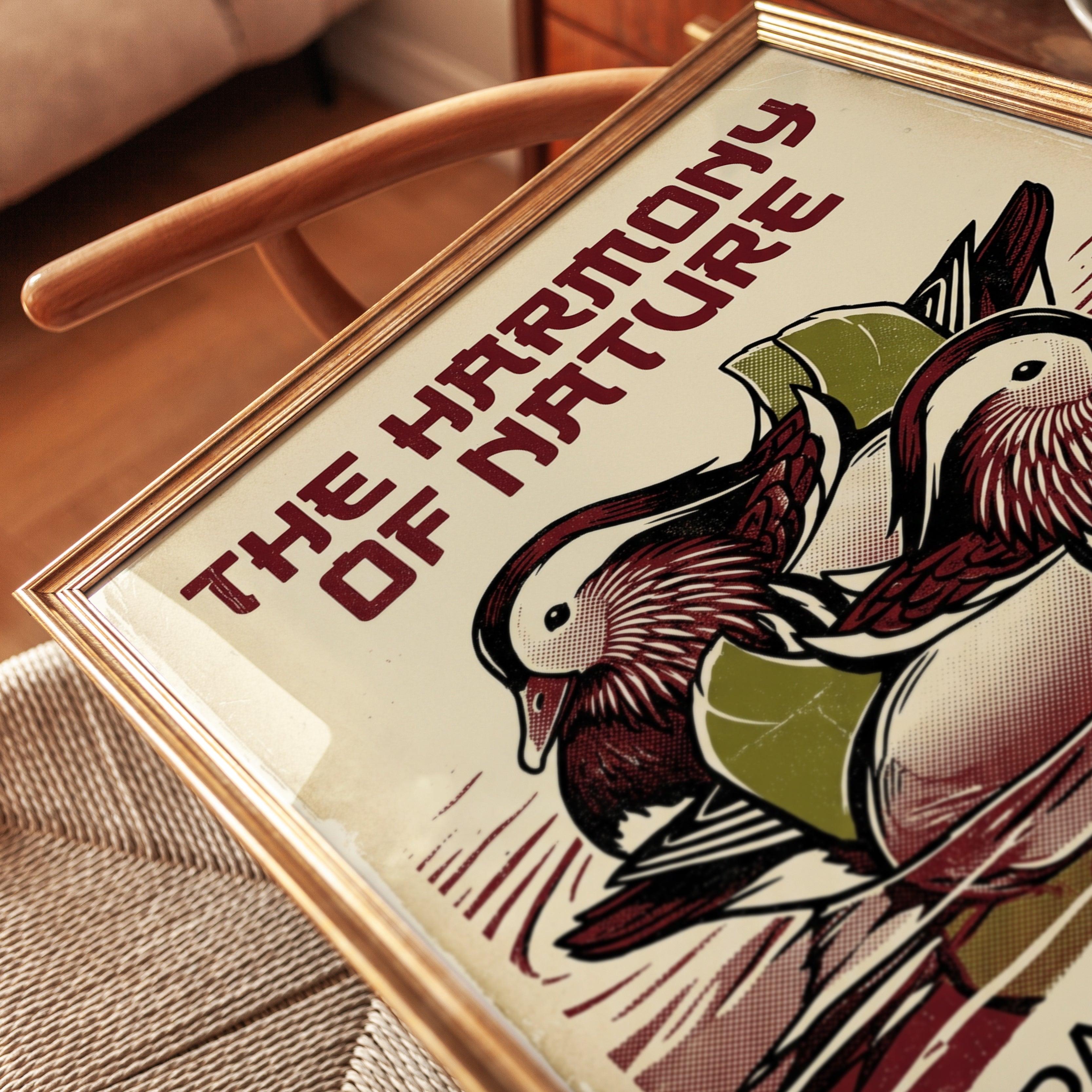 Mandarin Ducks Print: Traditional Woodblock Nature Poster - detail
