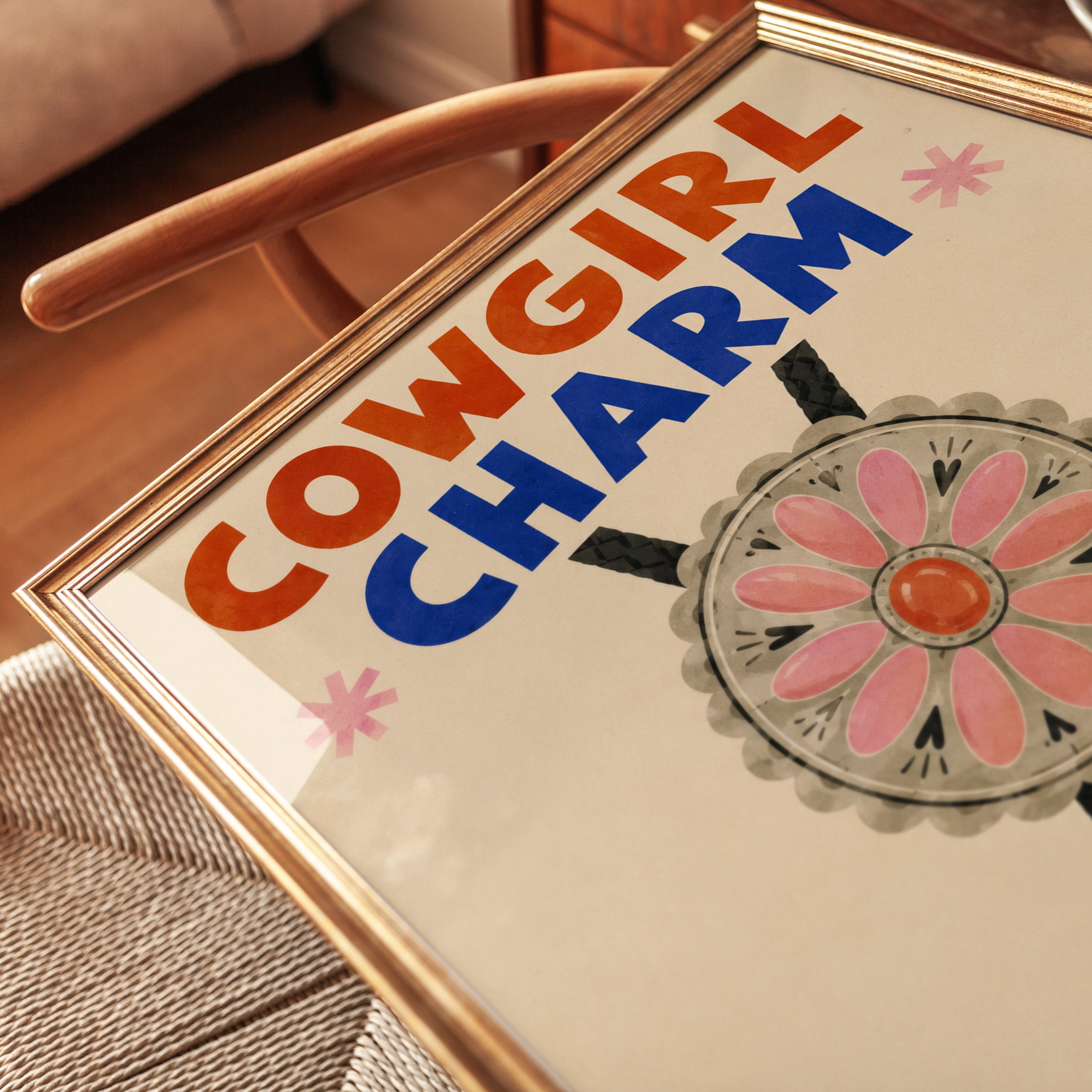 Cowgirl Charm Bolo Tie Print: Vintage Western Folk Art Poster - detail