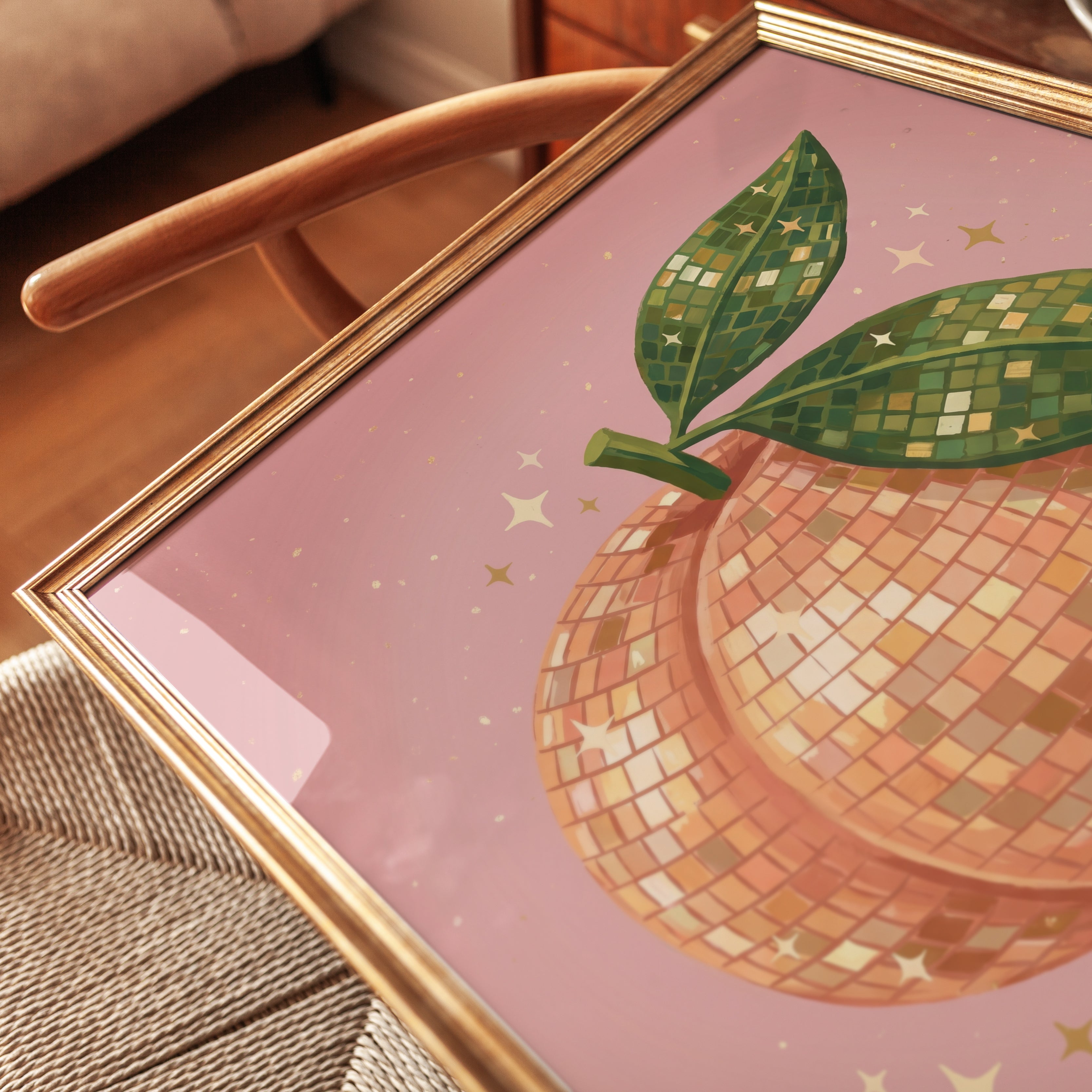 Peach Disco Ball Print: Retro Fruit Art (Multiple Sizes) - detail