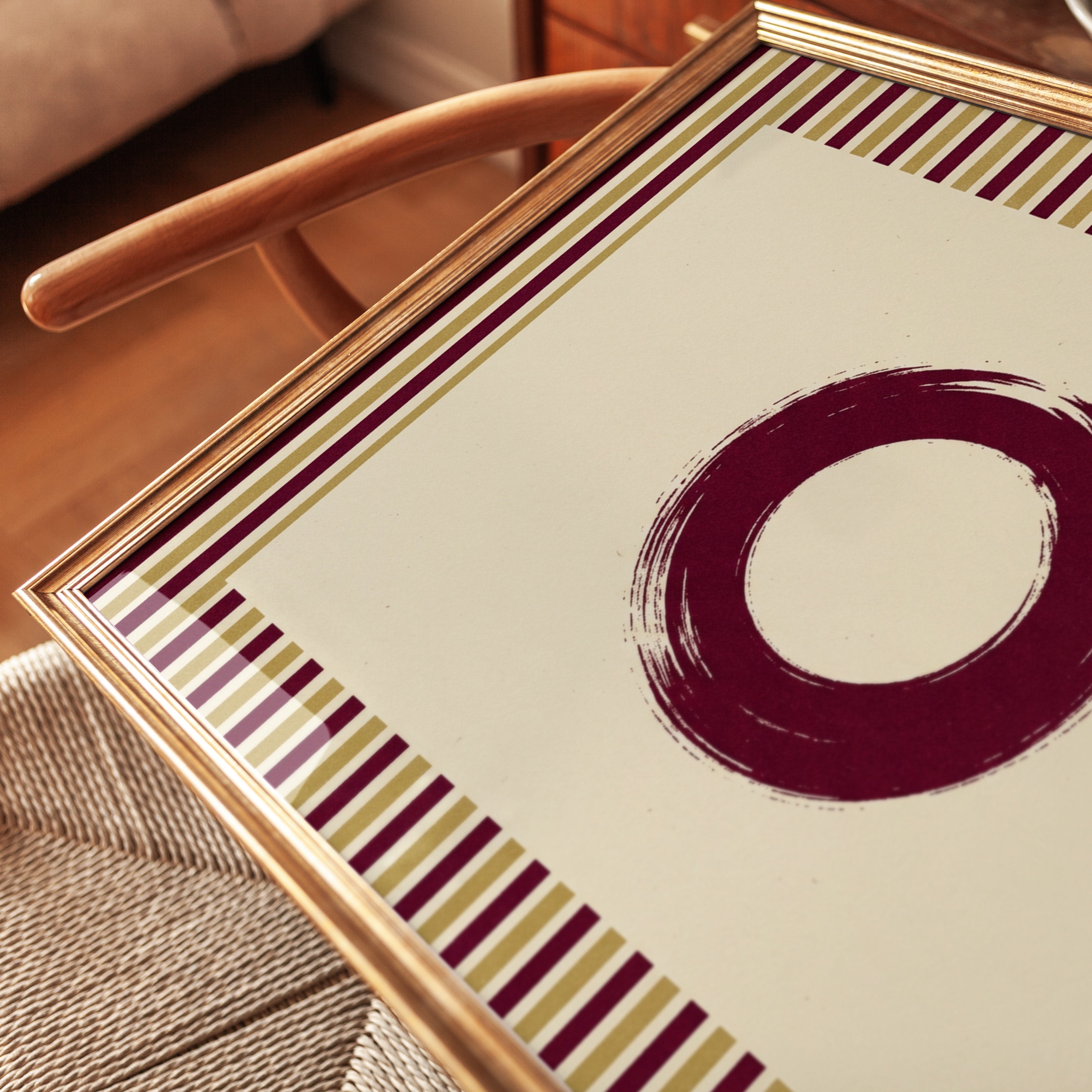 Zen Circle Enso Print: Burgundy and Gold Striped Border Art - detail