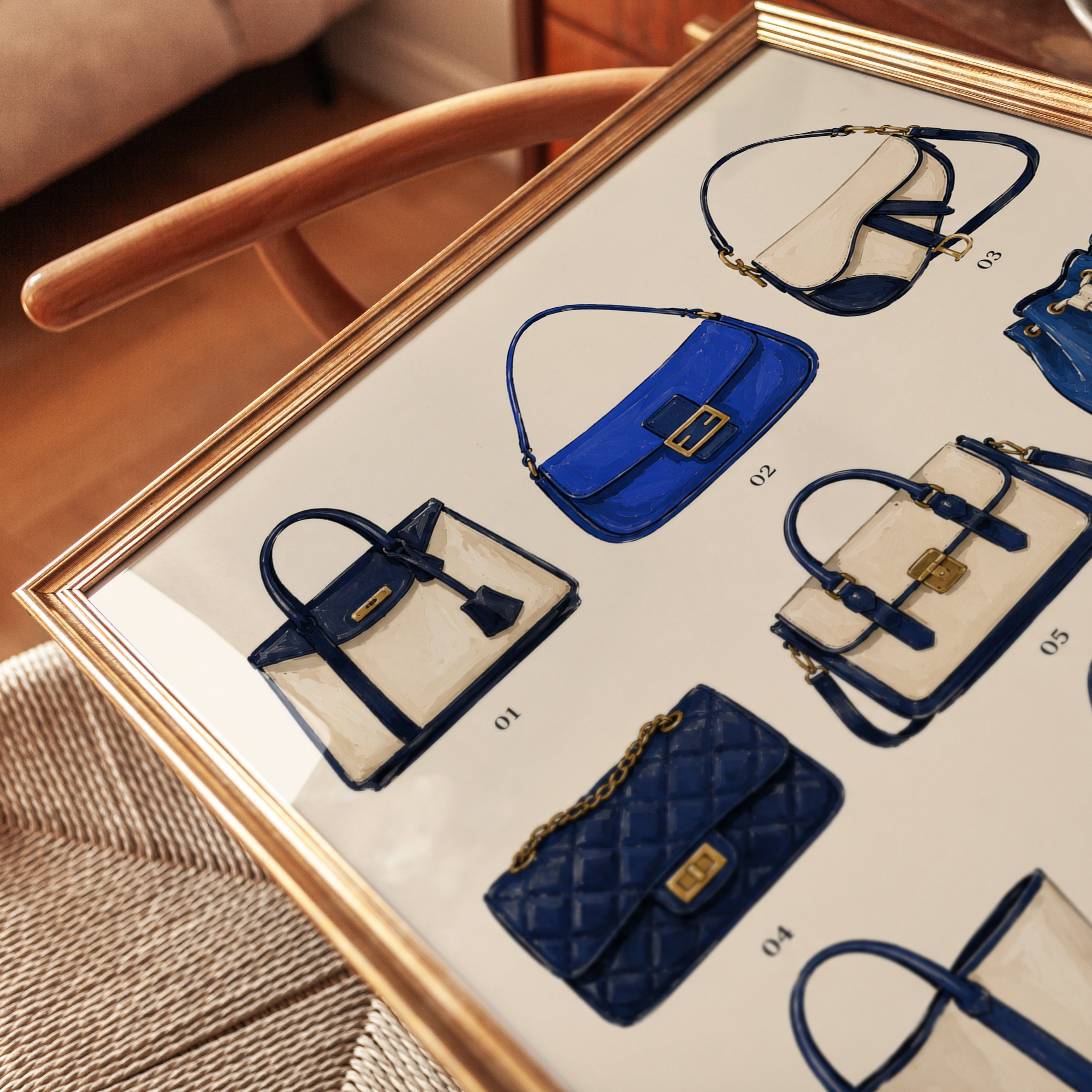 Designer Handbag Collection Print: Navy Blue Fashion Illustration - detail