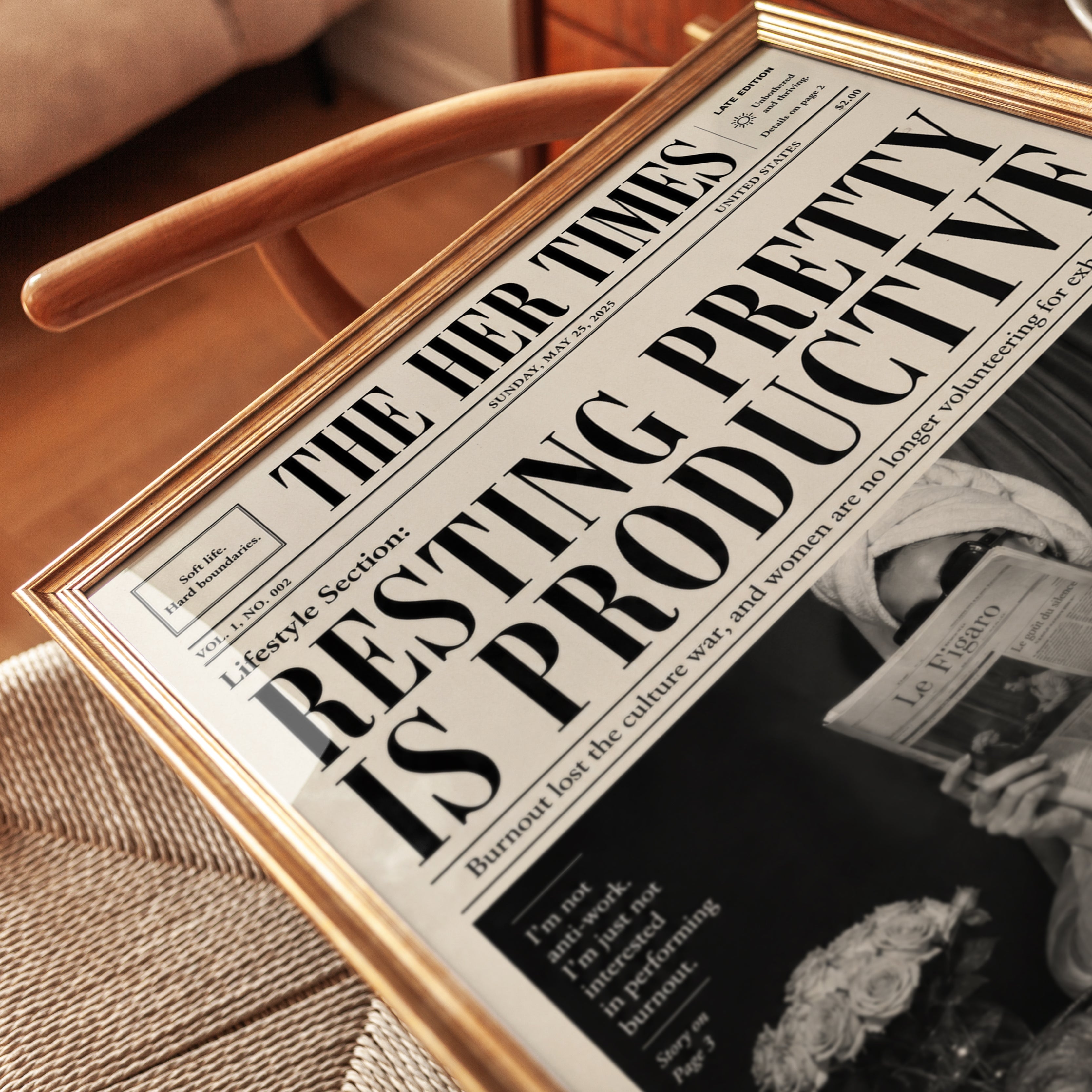 The Her Times Newspaper Print: Black and White Lifestyle Art - detail
