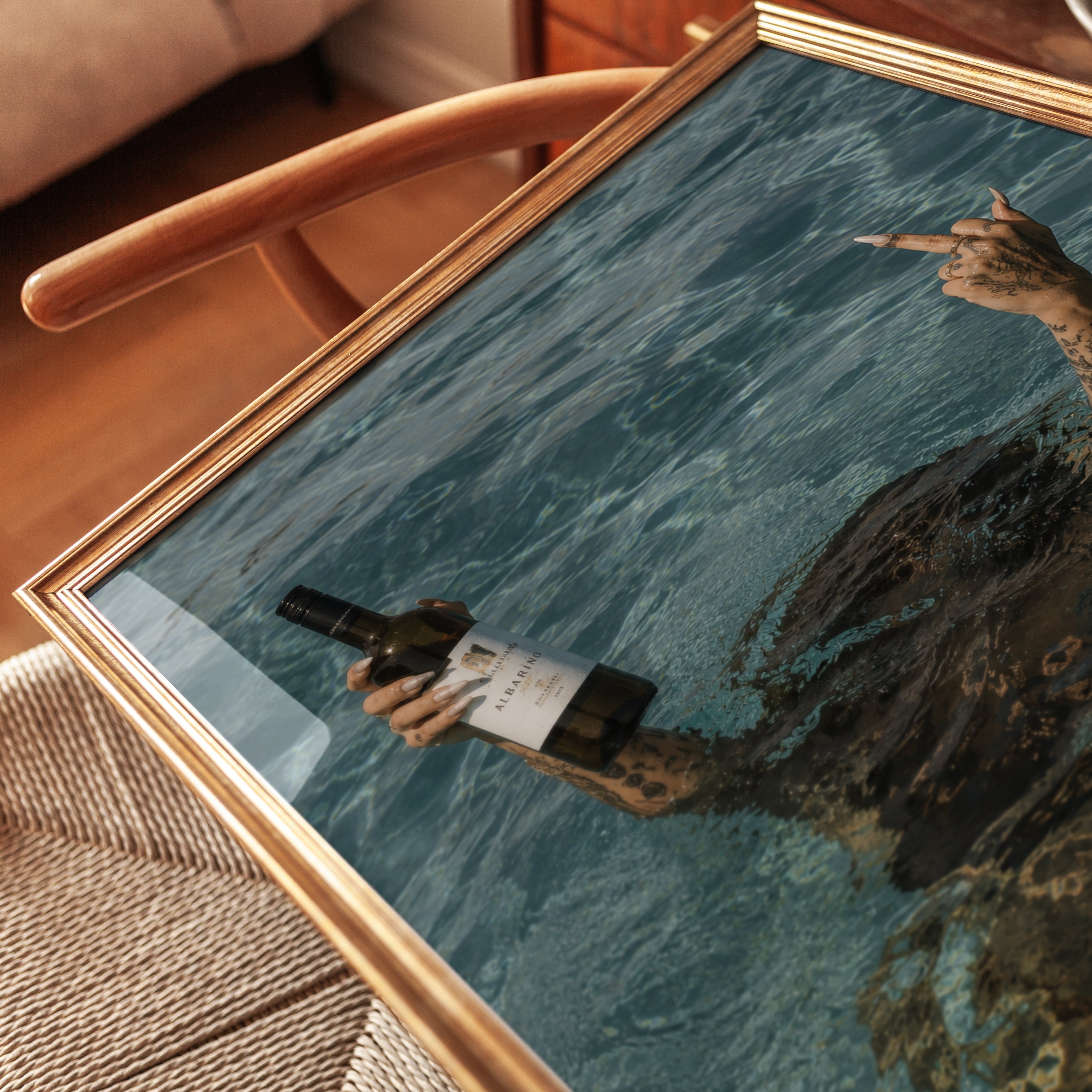 Wine Bottle in Ocean Art Print: Surreal Turquoise Water Photography - detail