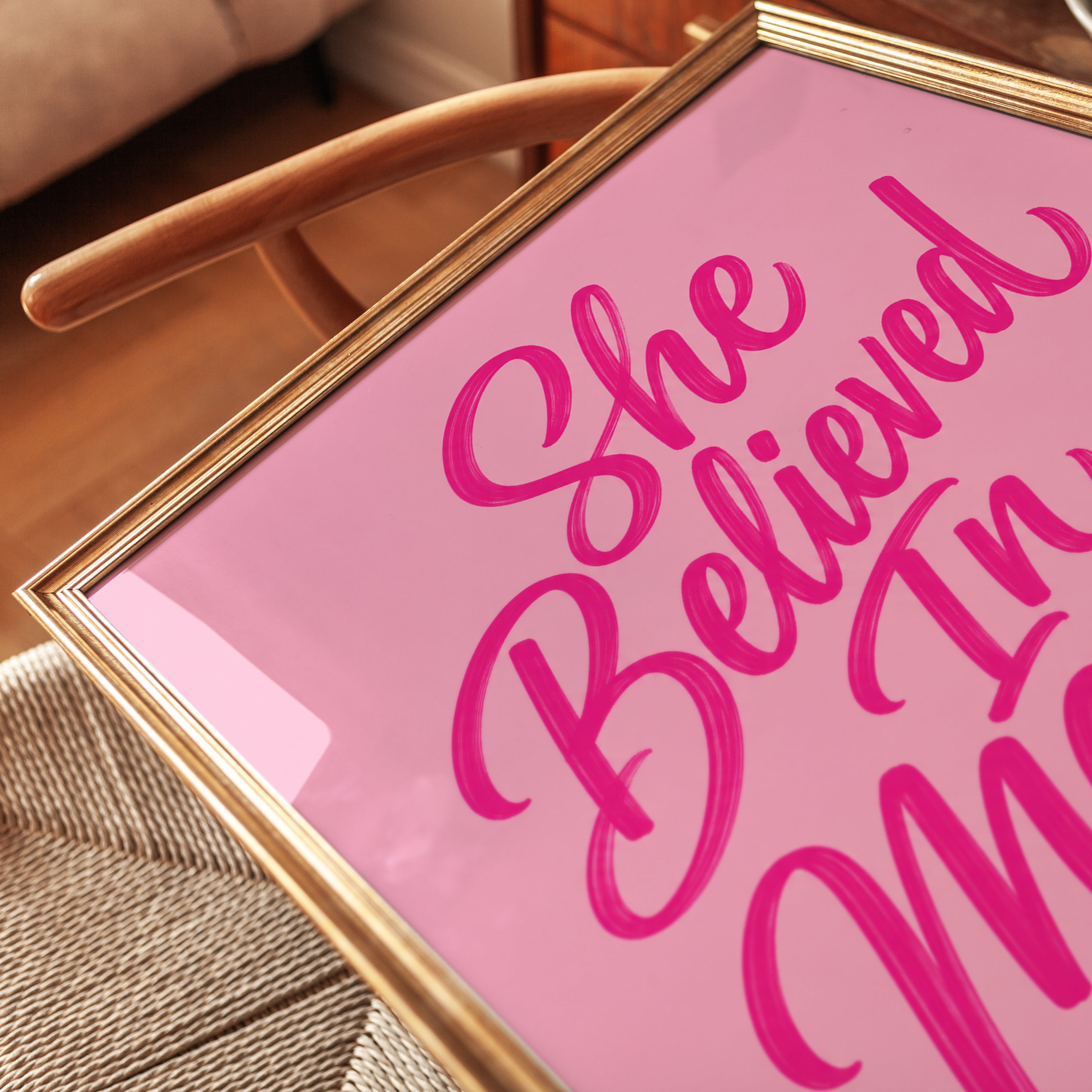 She Believed In Magic Typography Print: Pink Lettering Wall Art - detail
