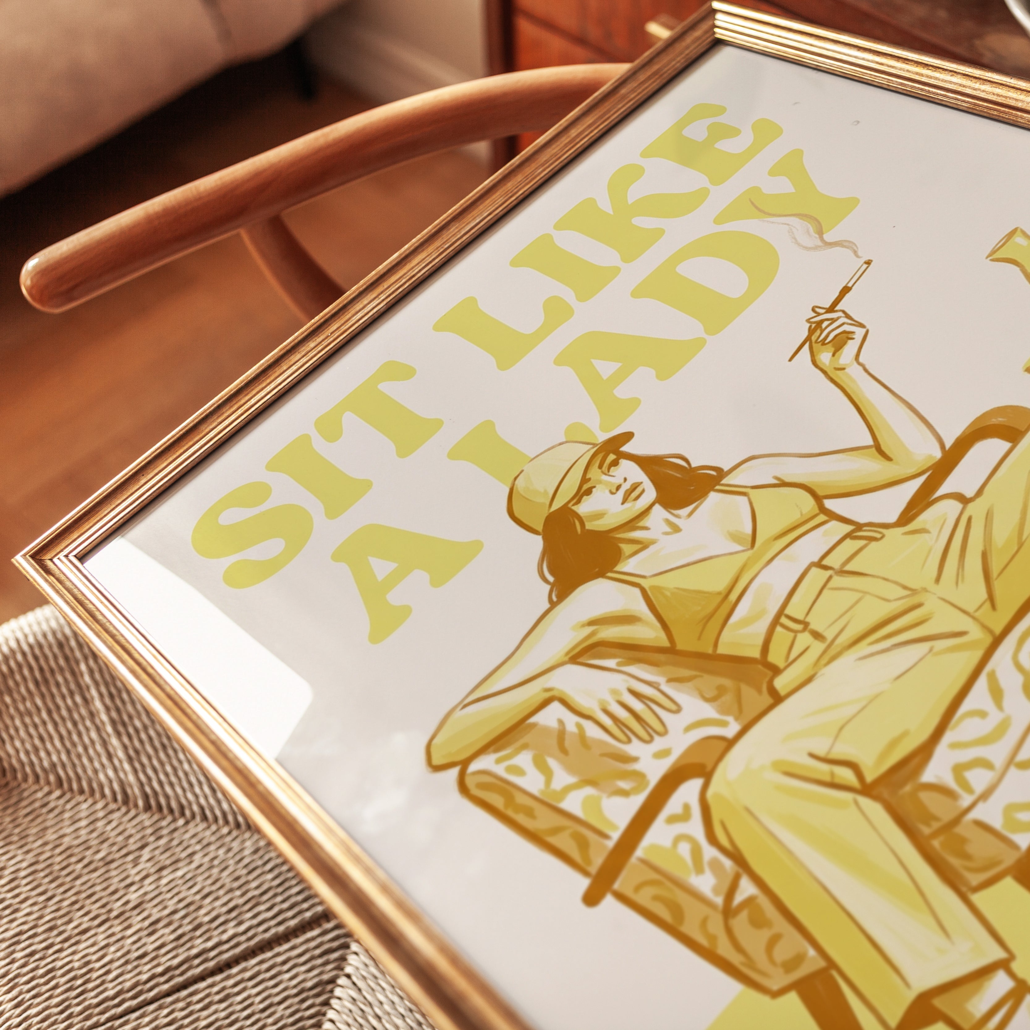 Sit Like a Lady Retro Wall Art: Vintage Yellow Fashion Poster - detail