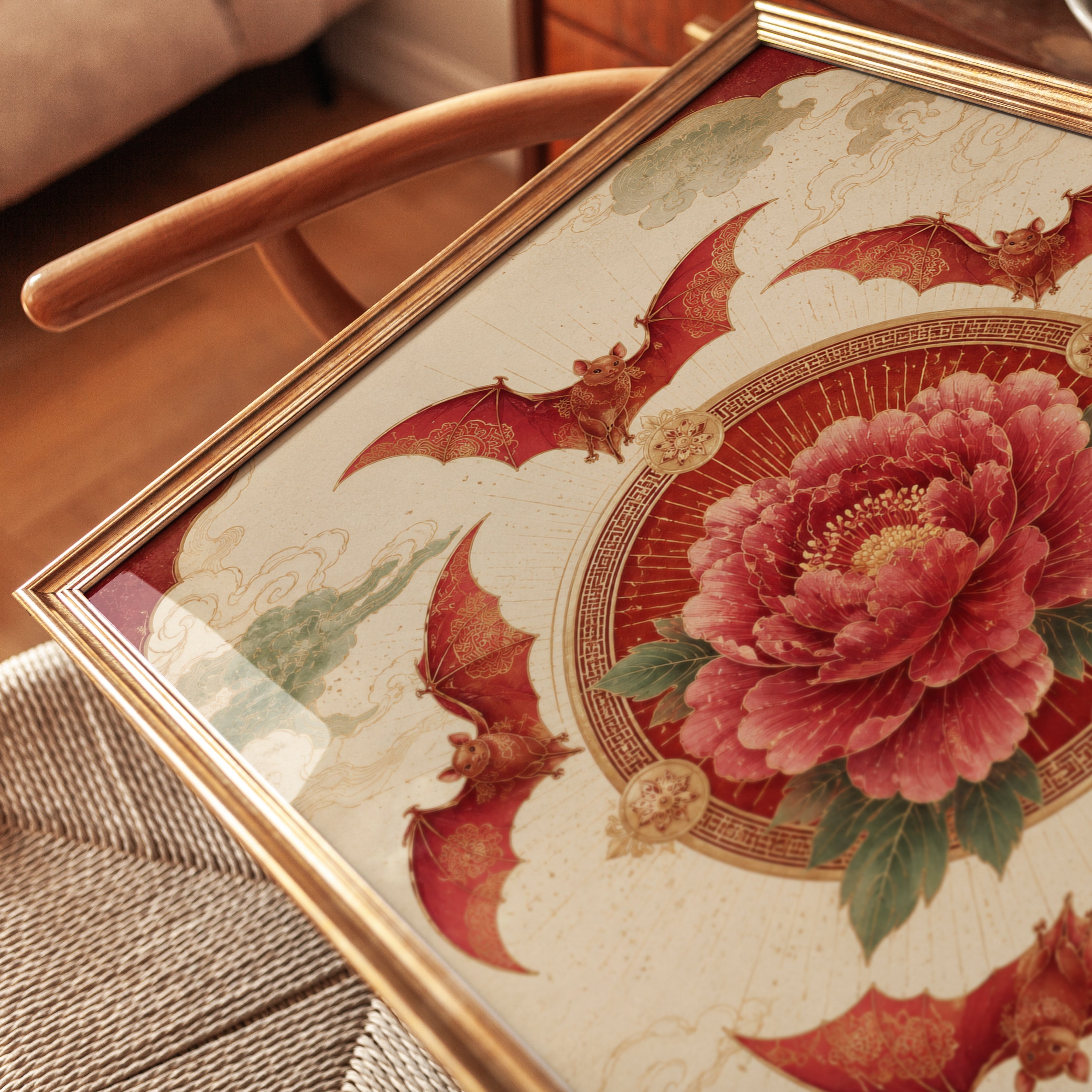 Chinese Peony Wall Art – Oriental Floral Print - detail