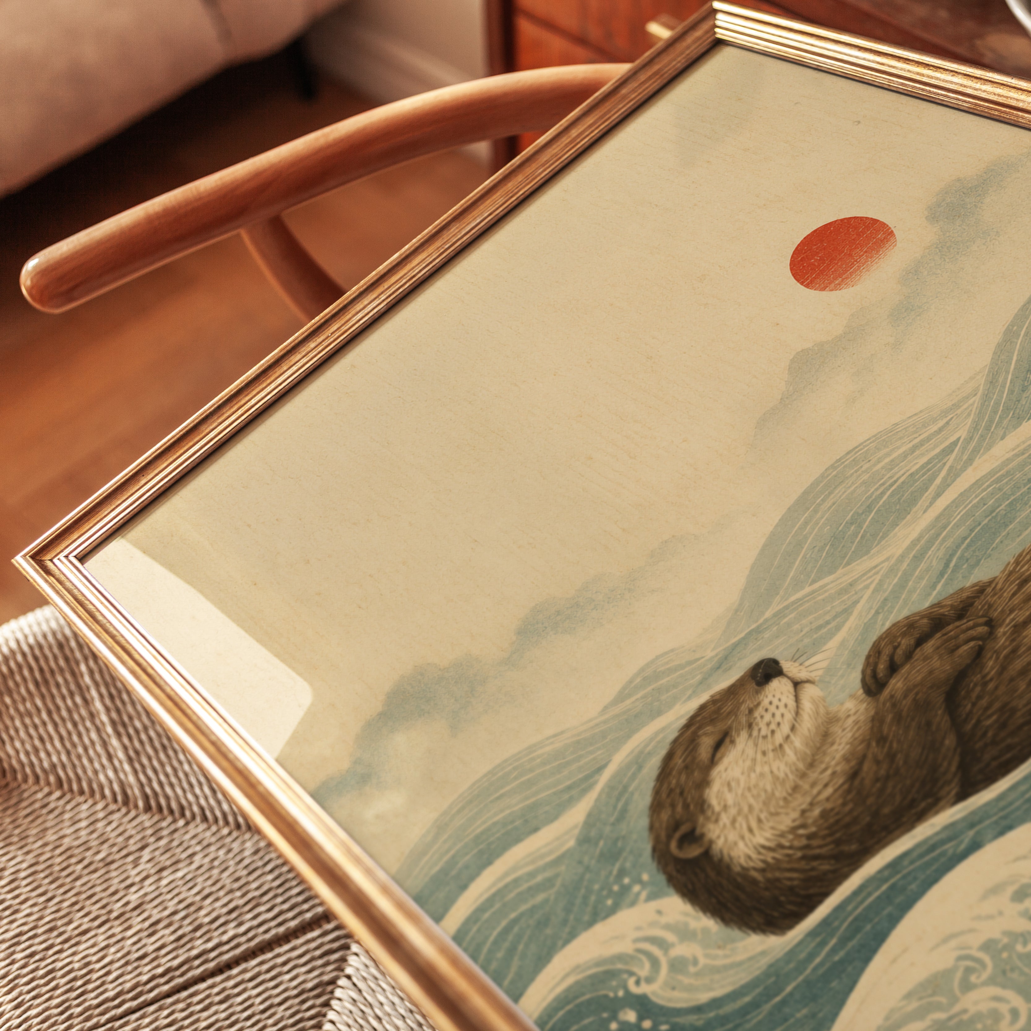 Sea Otter in Waves Art Print: Japanese Woodblock Style with Red Sun - detail