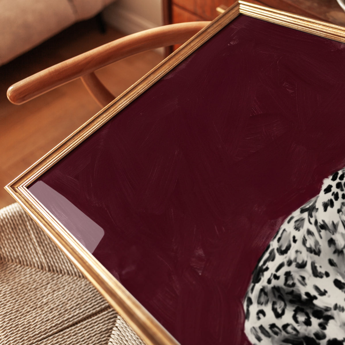 Snow Leopard Wall Art: Bold Burgundy Contemporary Wildlife Print - detail