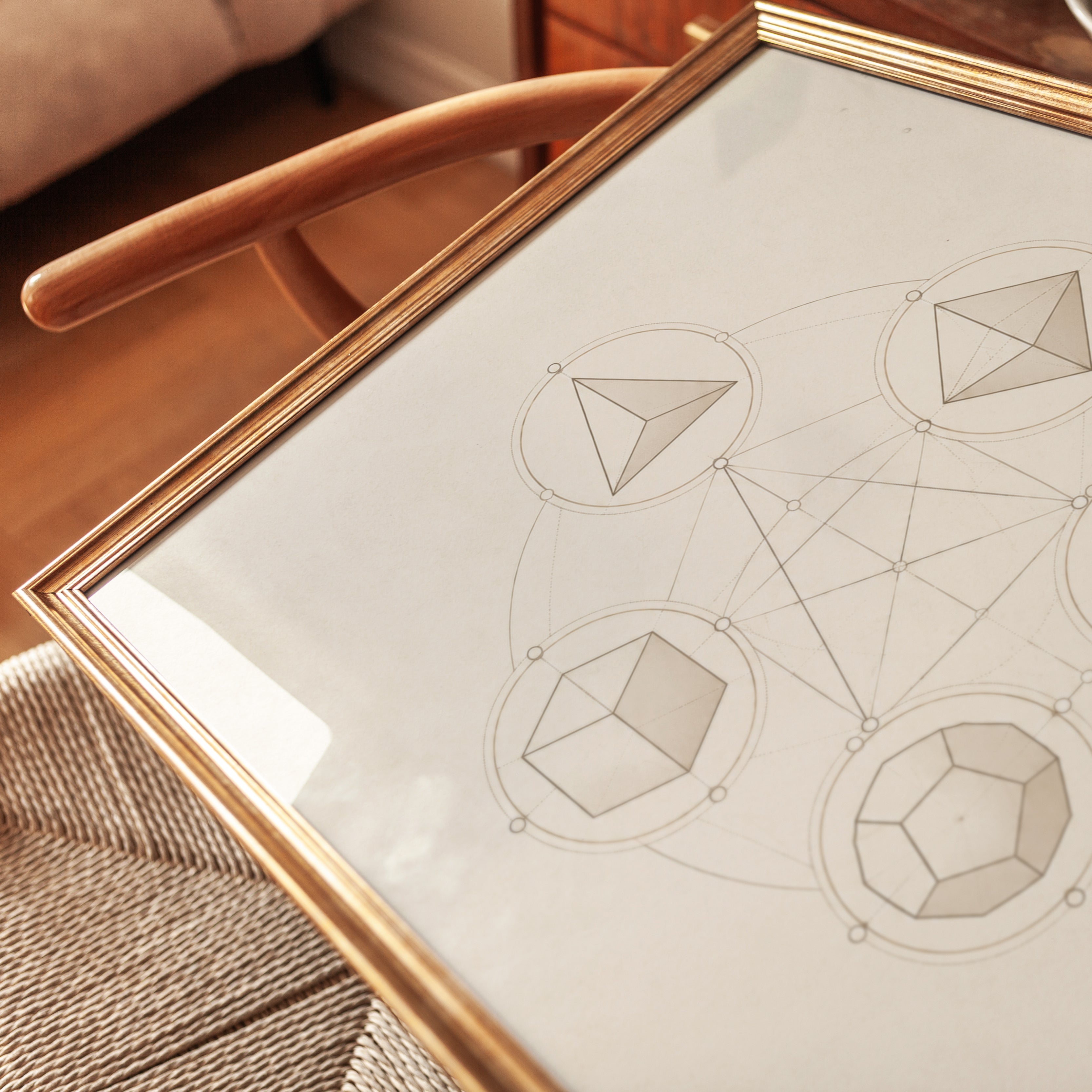Sacred Geometry Art: Platonic Solids Design (Gold on Cream Background) - detail