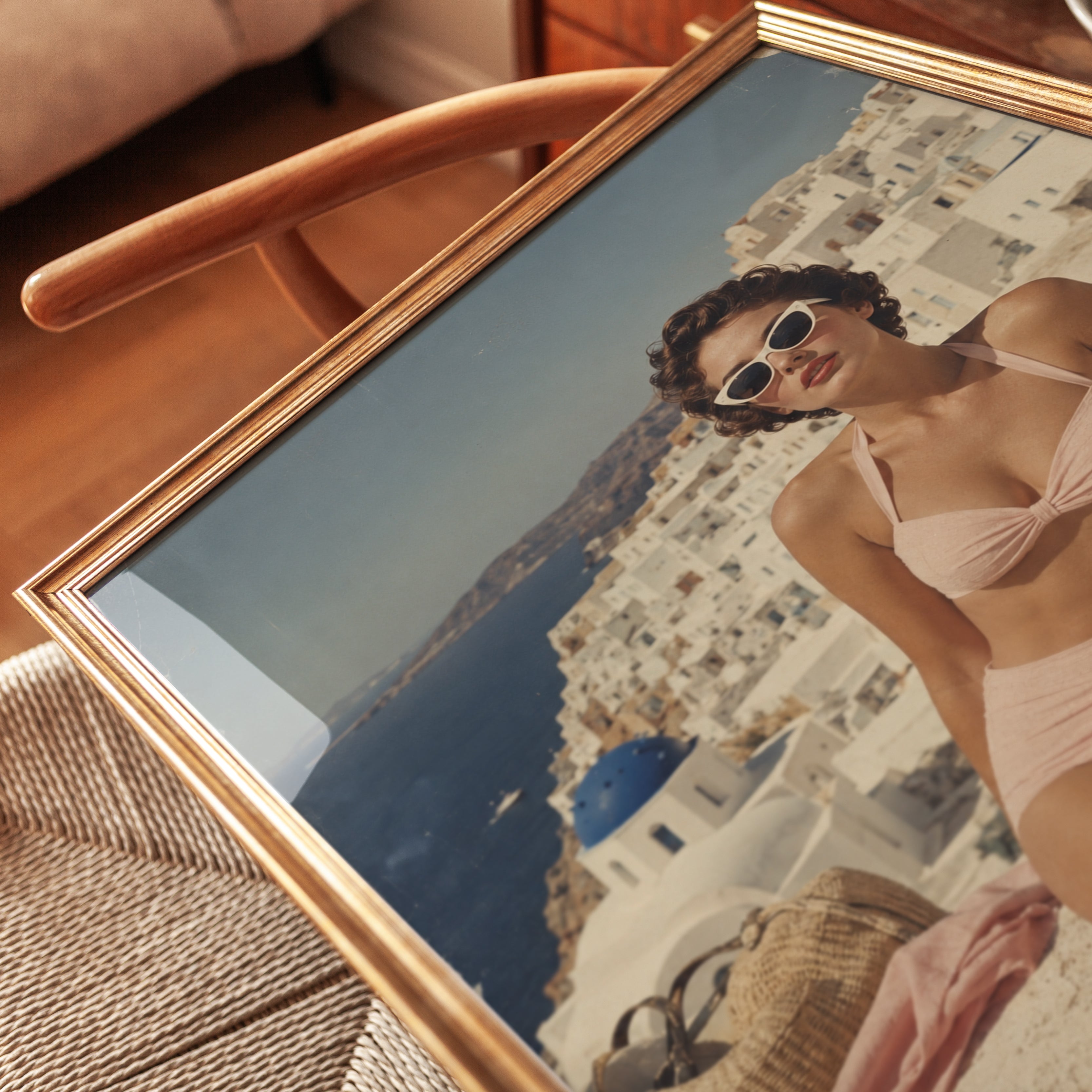 Vintage Santorini Summer Print: Retro Mediterranean Travel Poster - detail