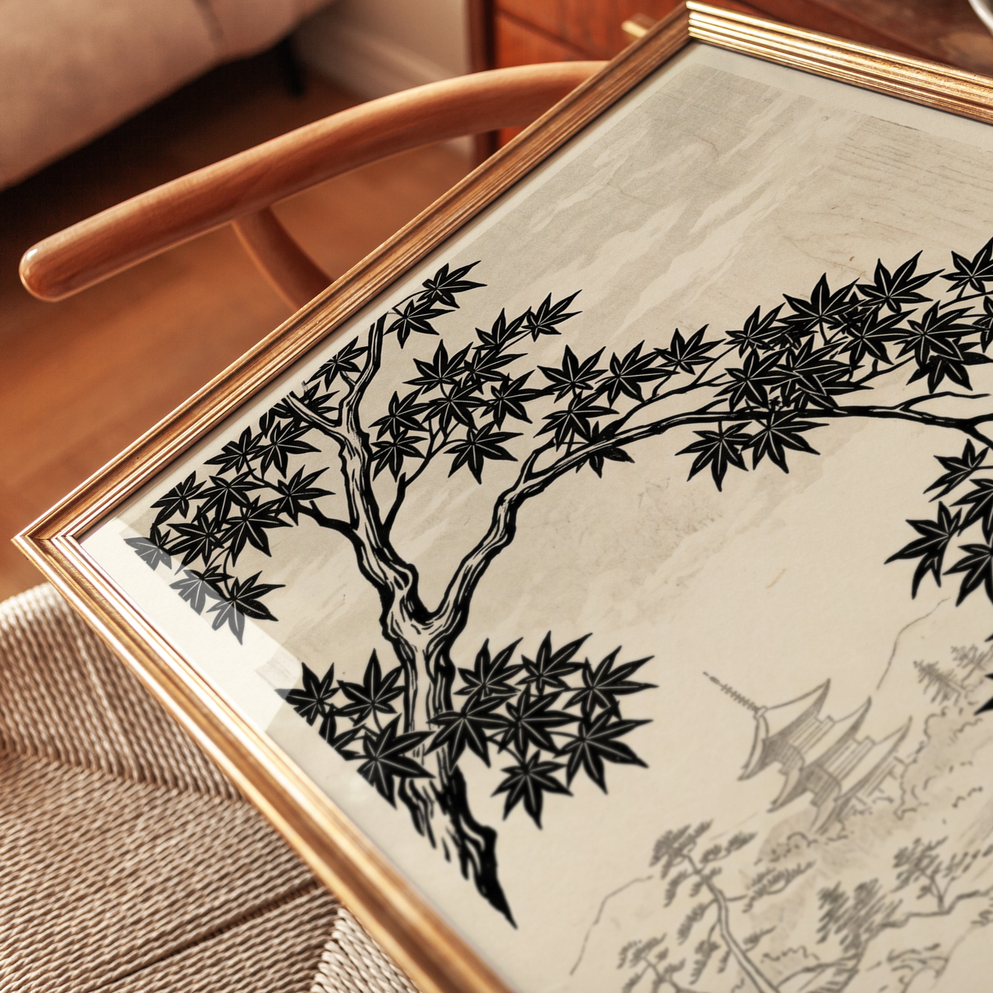 Japanese Maple Tree Art Print: Black and Cream Pagoda Landscape - detail